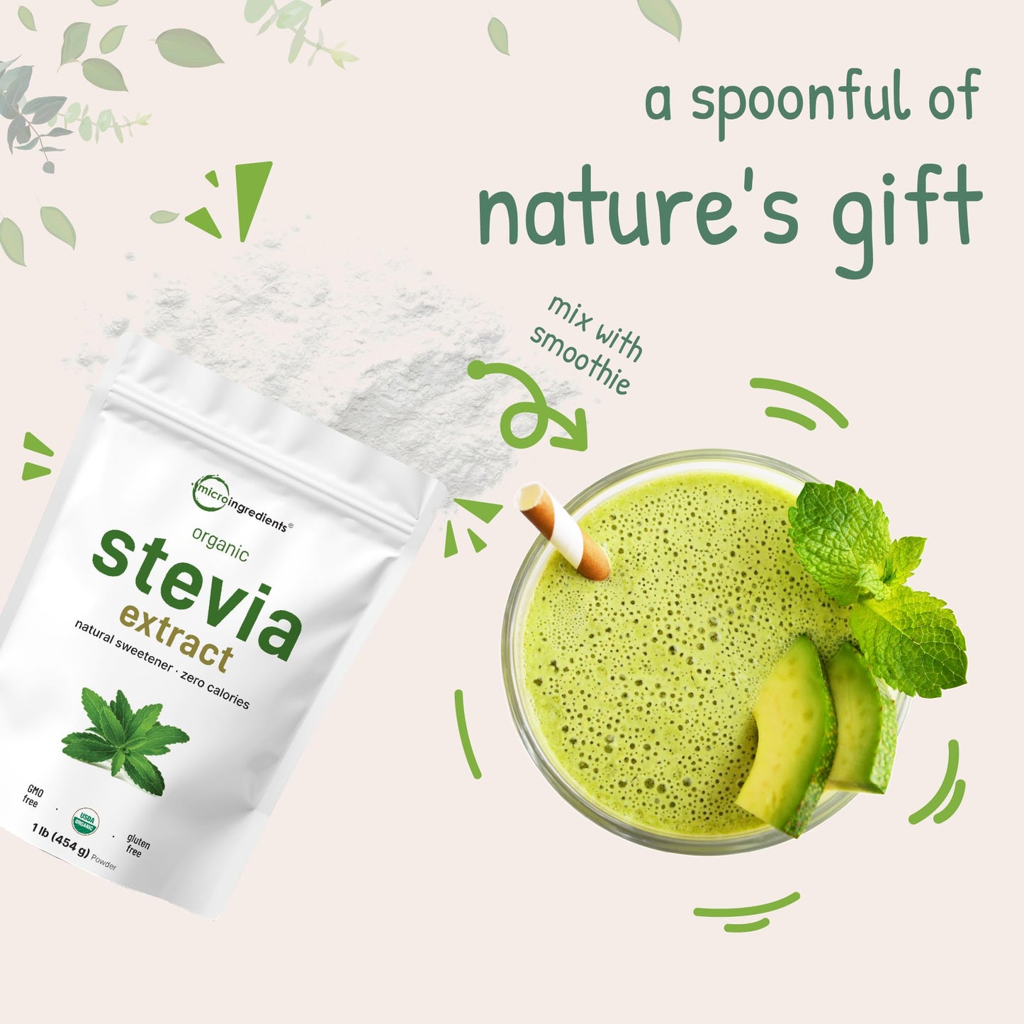 Micro Ingredients Pure Organic Stevia Powder, 16 Ounce