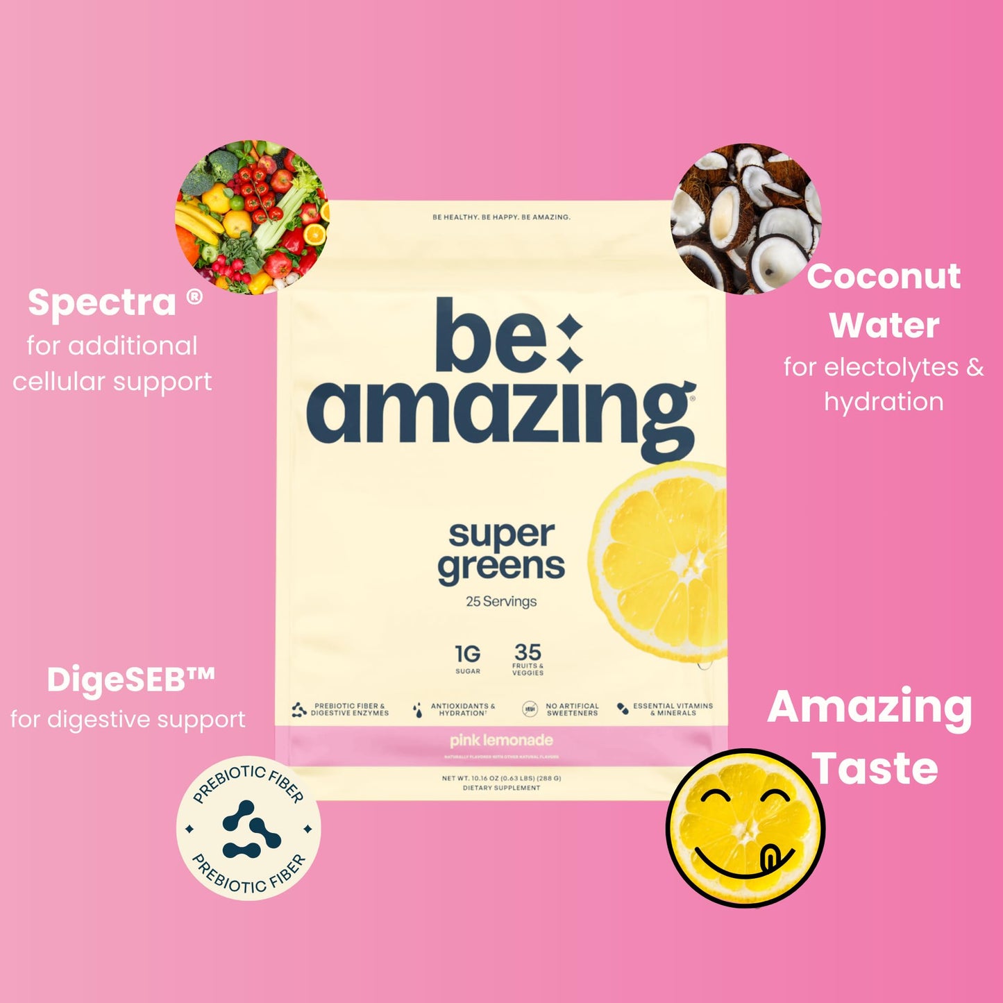 BE AMAZING Super Greens Powder with Prebiotics, Digestive Enzymes & Antioxidants, 35 Fruits & Veggies, Electrolytes & Fiber, Vegan, Gluten Free Juice & Smoothie Mix, Pink Lemonade 10