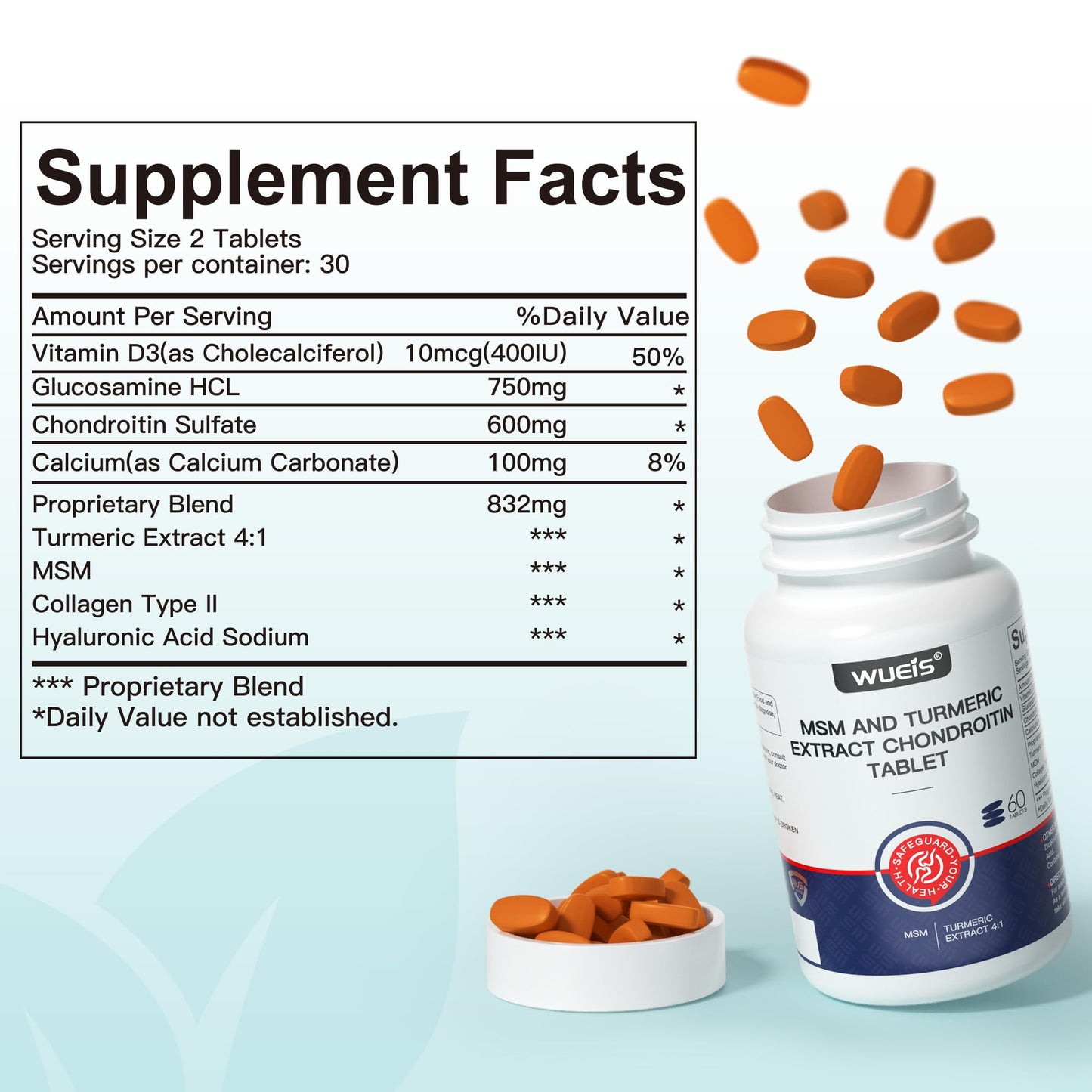 WUEIS Turmeric Glucosamine MSM Joint Supplement with Vitamin D3, Collagen Type II & Hyaluronic Acid, 60 Tablets