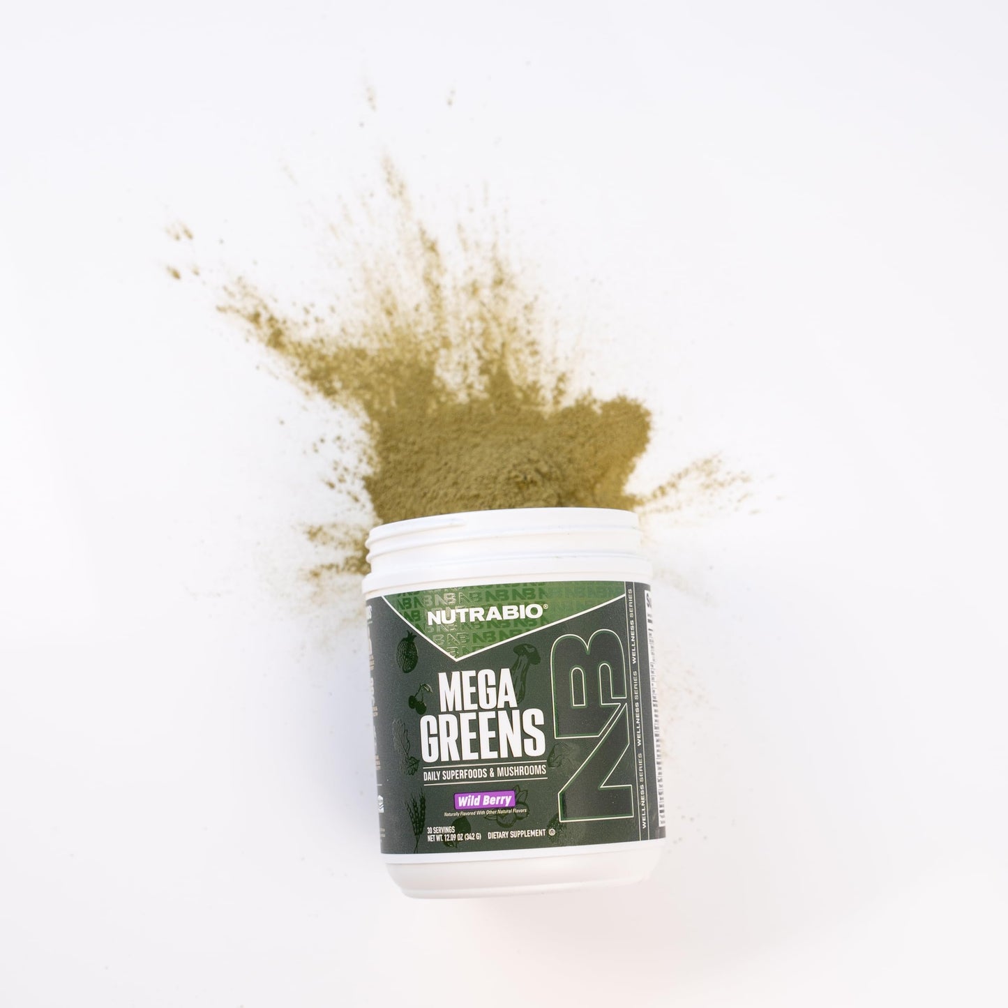 NutraBio Mega Greens Complete Daily Super Greens Powder with Alkalizing, Energy, and Metabolic Support, Digestive Enzymes, Adaptogenic Mushrooms, Immune Defense - 30 Servings - Wild Berry, 10 oz