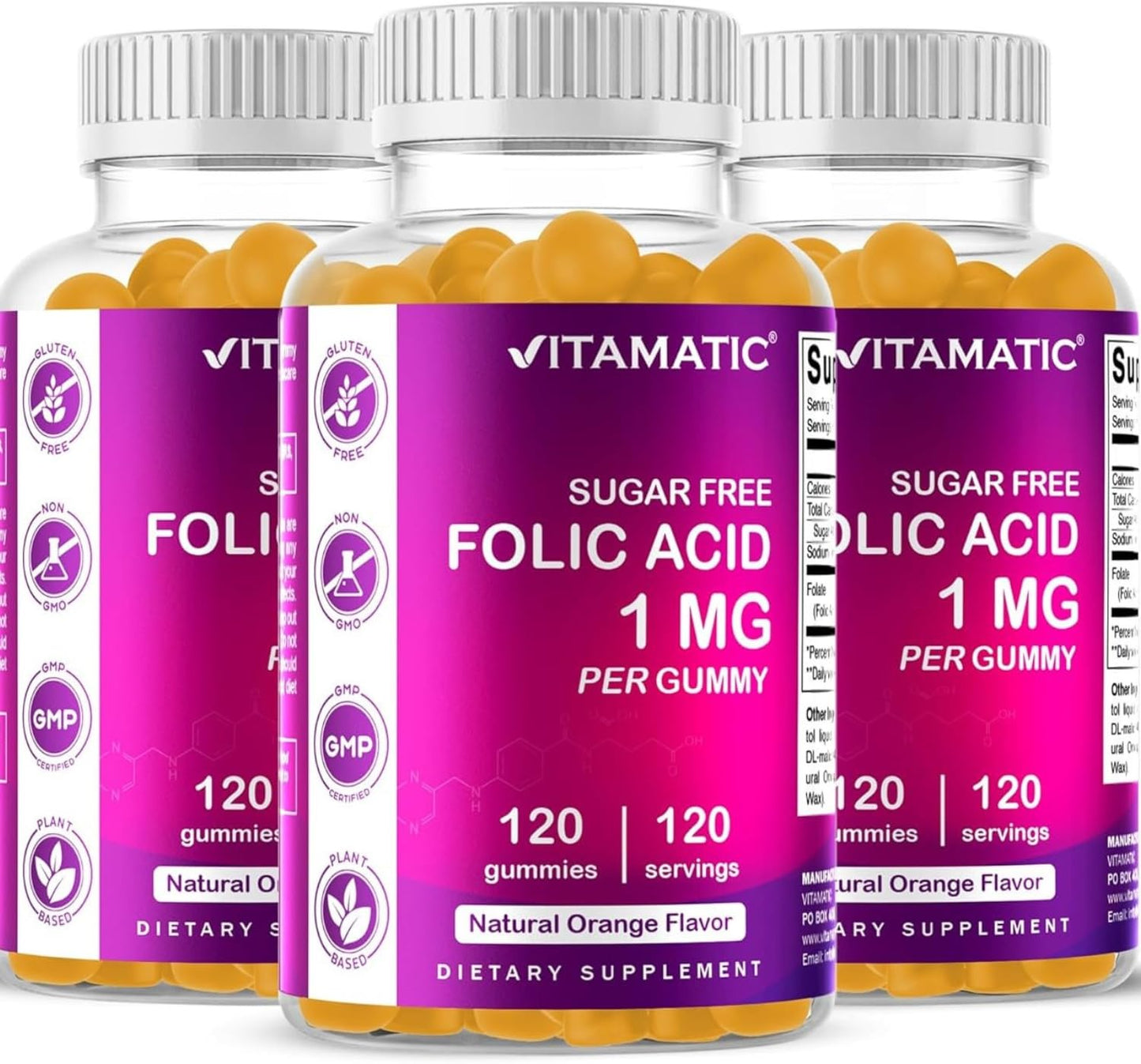 Vitamatic Sugar Free Folic Acid 1 mg Gummies 120 Count
