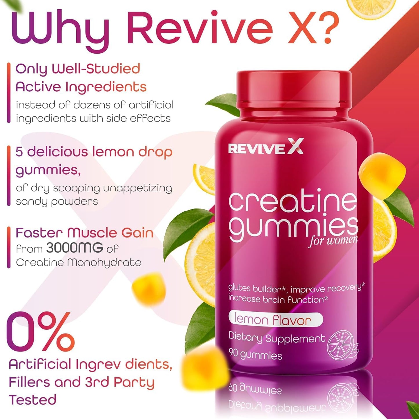 Revive X Glute Gummies Creatine Monohydrate 3G Lemon Drop, 90 Count