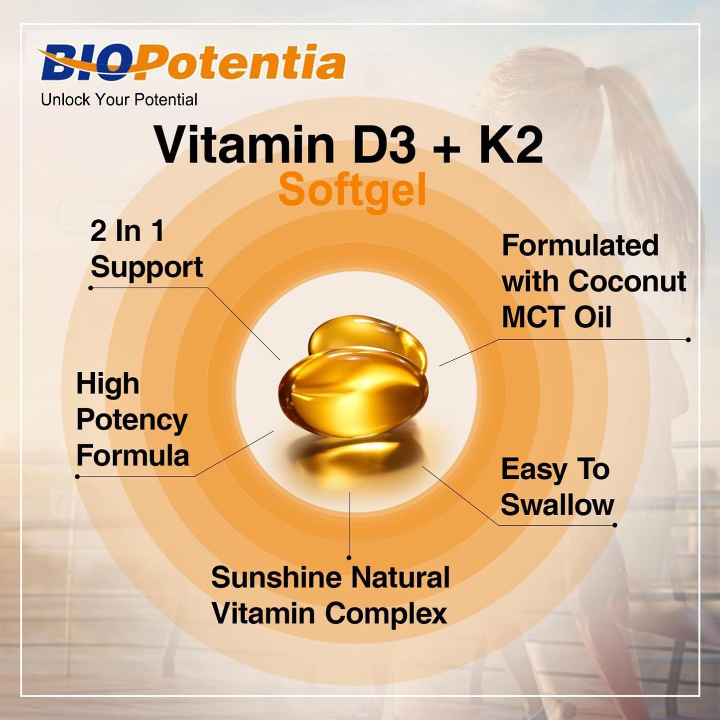 BIO POTENTIA Vitamin D3 K2 (MK7) Softgel Supplement with MCT Oil, 90 Softgels