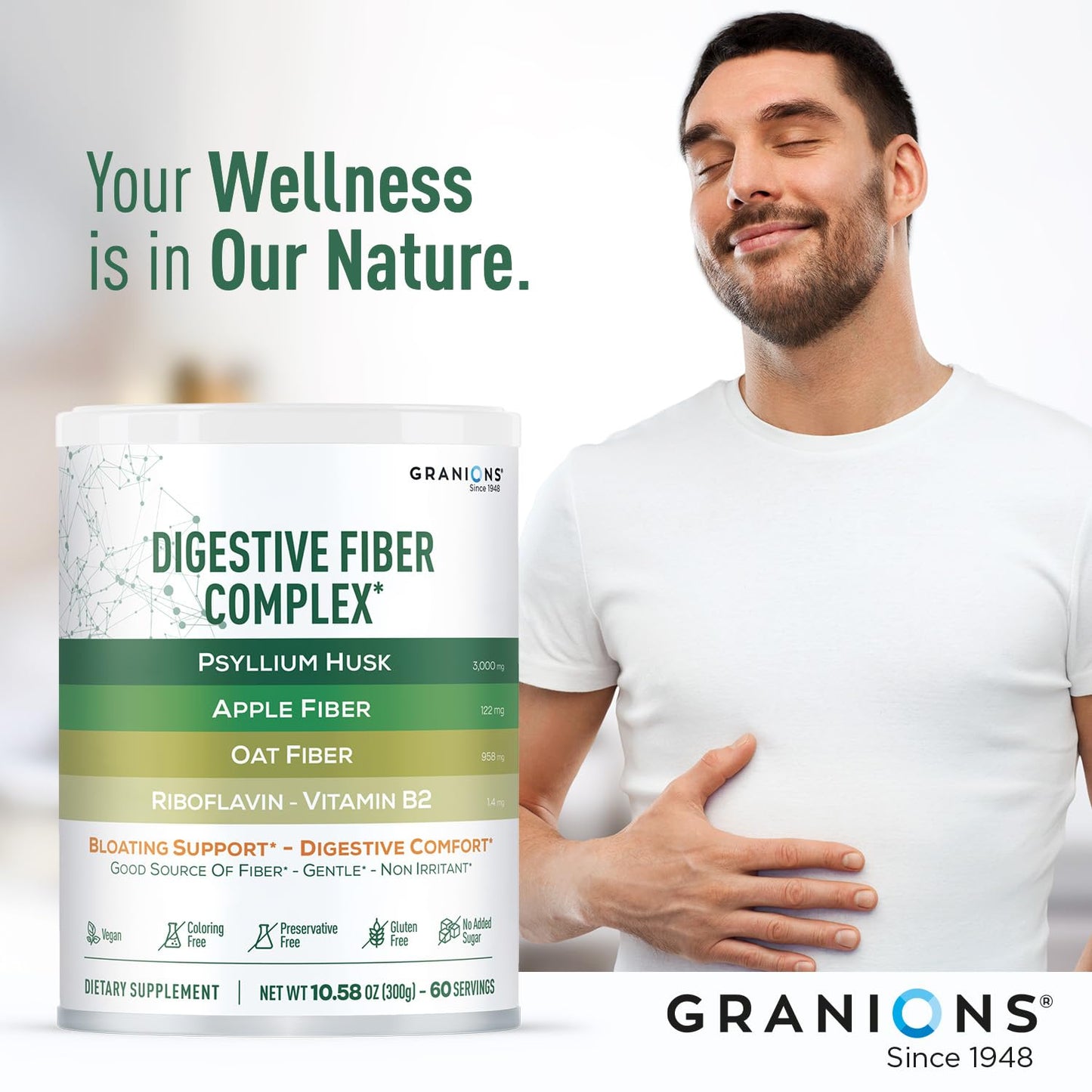 Granions Psyllium Husk Powder 4-in-1 Digestive Fiber Supplement 21.2 oz