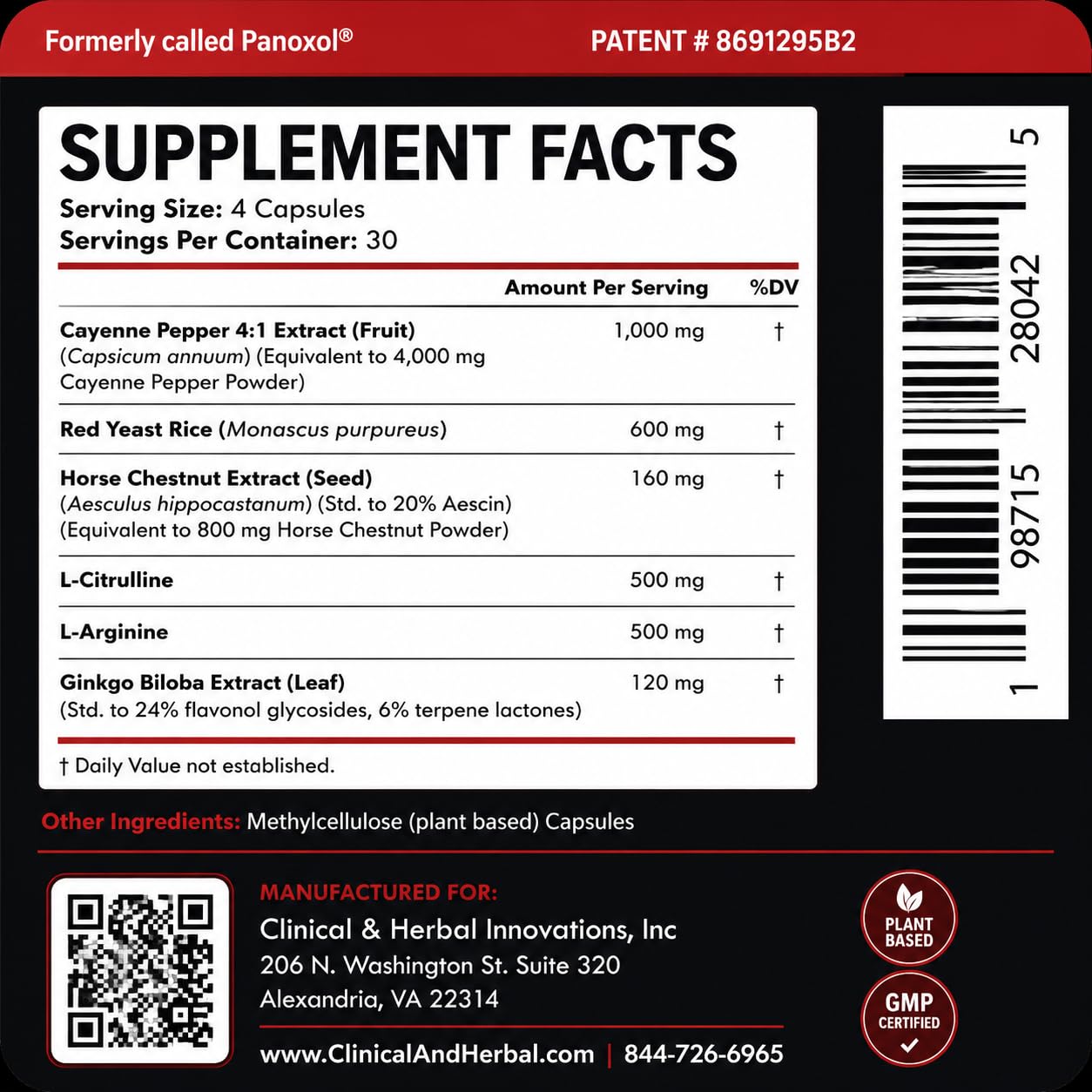Panoxol Vasonoxol U.S. Patented Nitric Oxide Supplement with L-Arginine & L-Citrulline Veggie Capsules, 120 Capsules