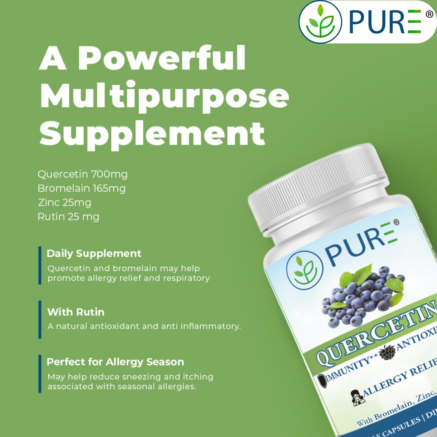 PURE Quercetin+ with Zinc, Bromelain, Rutin Immune Shield 60 Capsules