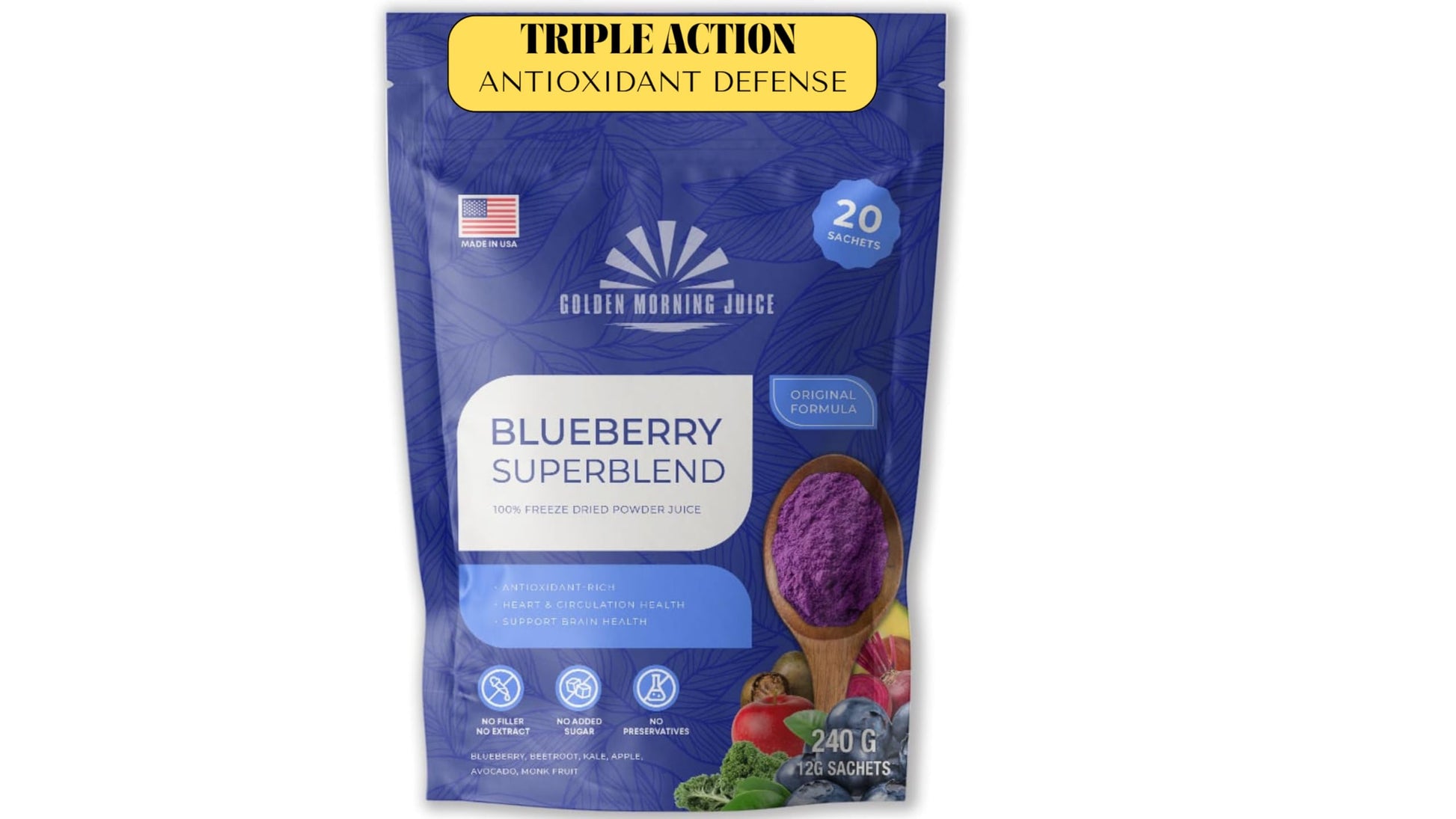 Golden Morning Juice Blueberry Superblend 100% Freeze-dried Powder 8