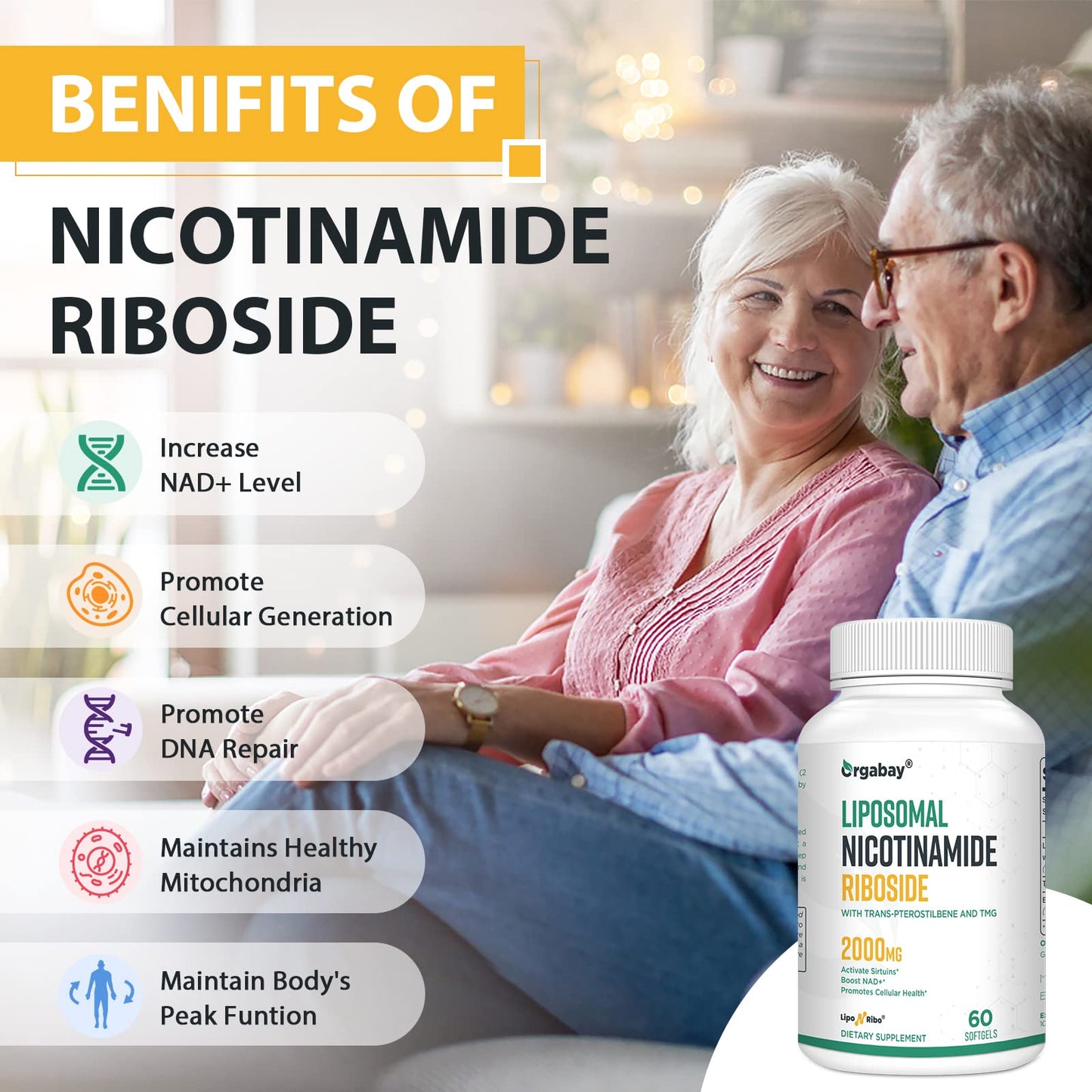 Orgabay Liposomal Nicotinamide Riboside 2000 mg with TMG and Pterostilbene Softgel, 60 Count