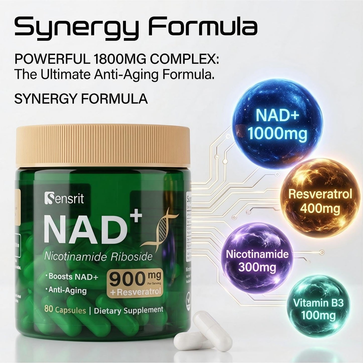 Sensrit NAD+ Supplement 1800mg with Trans-Resveratrol 400mg, 120 Capsules
