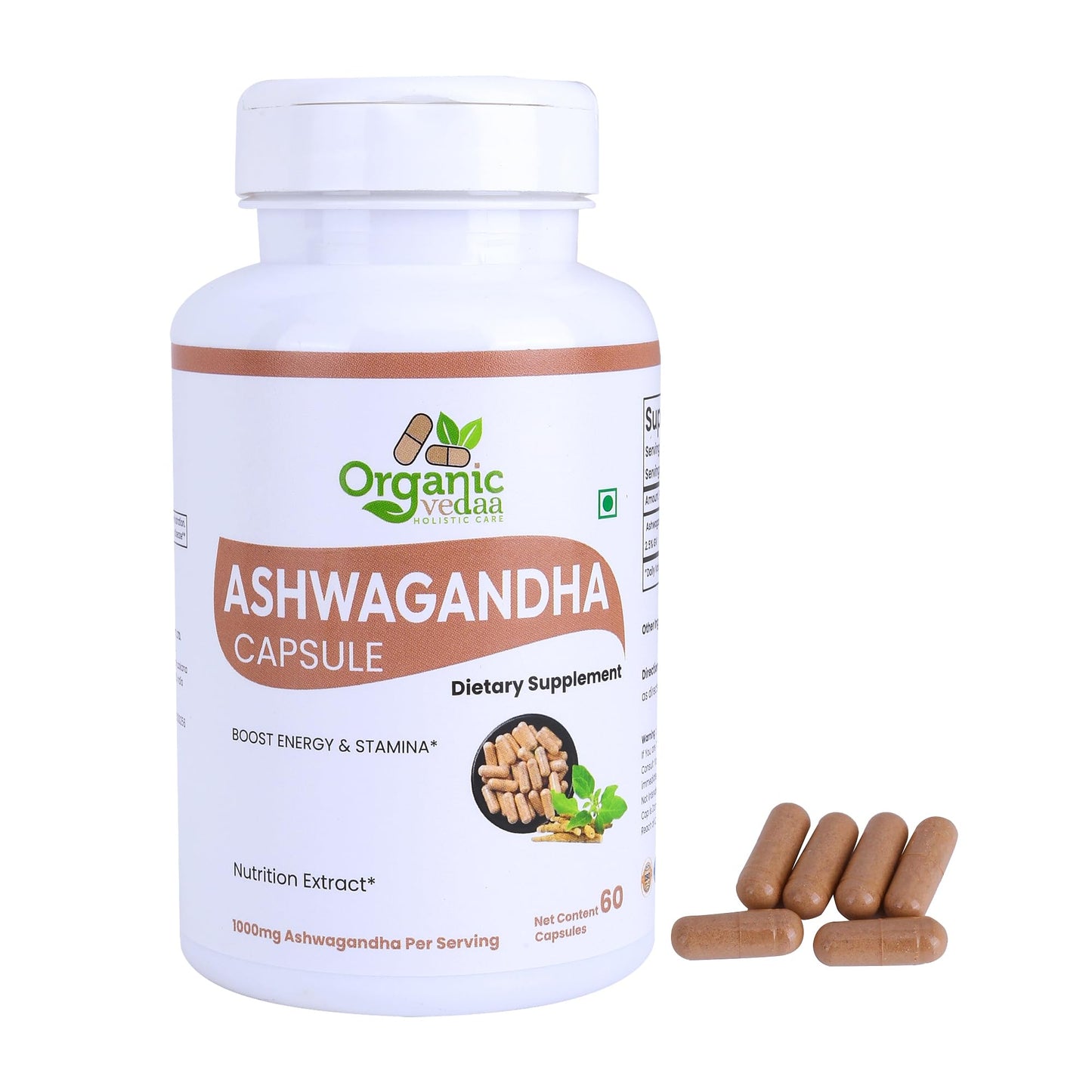 ORGANIC VEDAA HOLISTIC CARE Natural Fiber Ashwagandha Capsules 60 Capsules