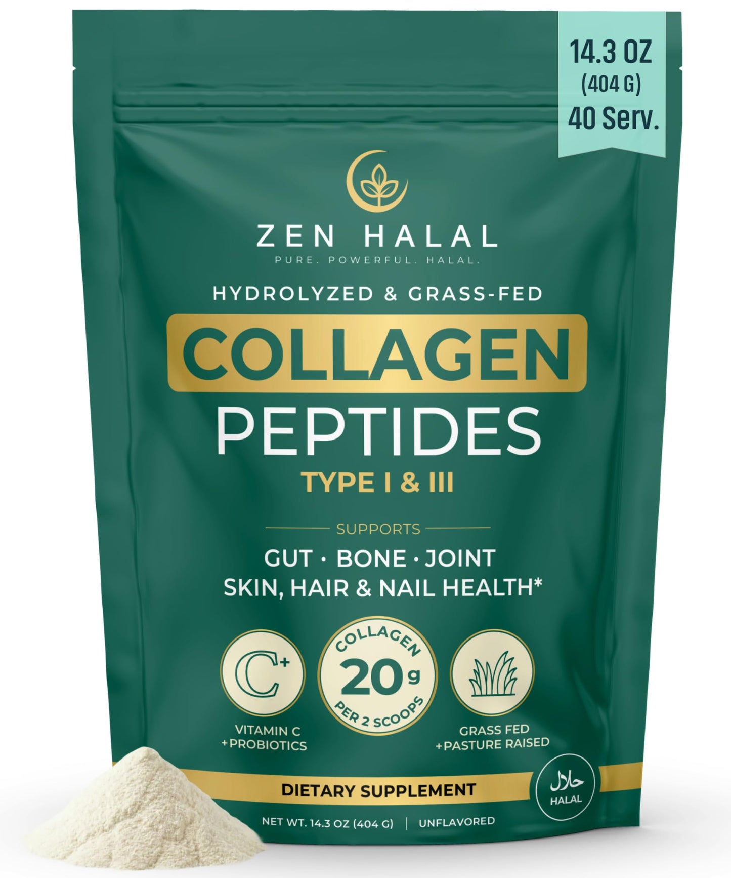 ZEN HALAL Collagen Powder with Vitamin C & Probiotic (18g Protein) Pure Grass Fed Halal Collagen Peptides for Women - Unflavored & Hydrolyzed Bovine Type I & III for Skin, Hair, Nails, Joints and Gut 14.3 Ounce