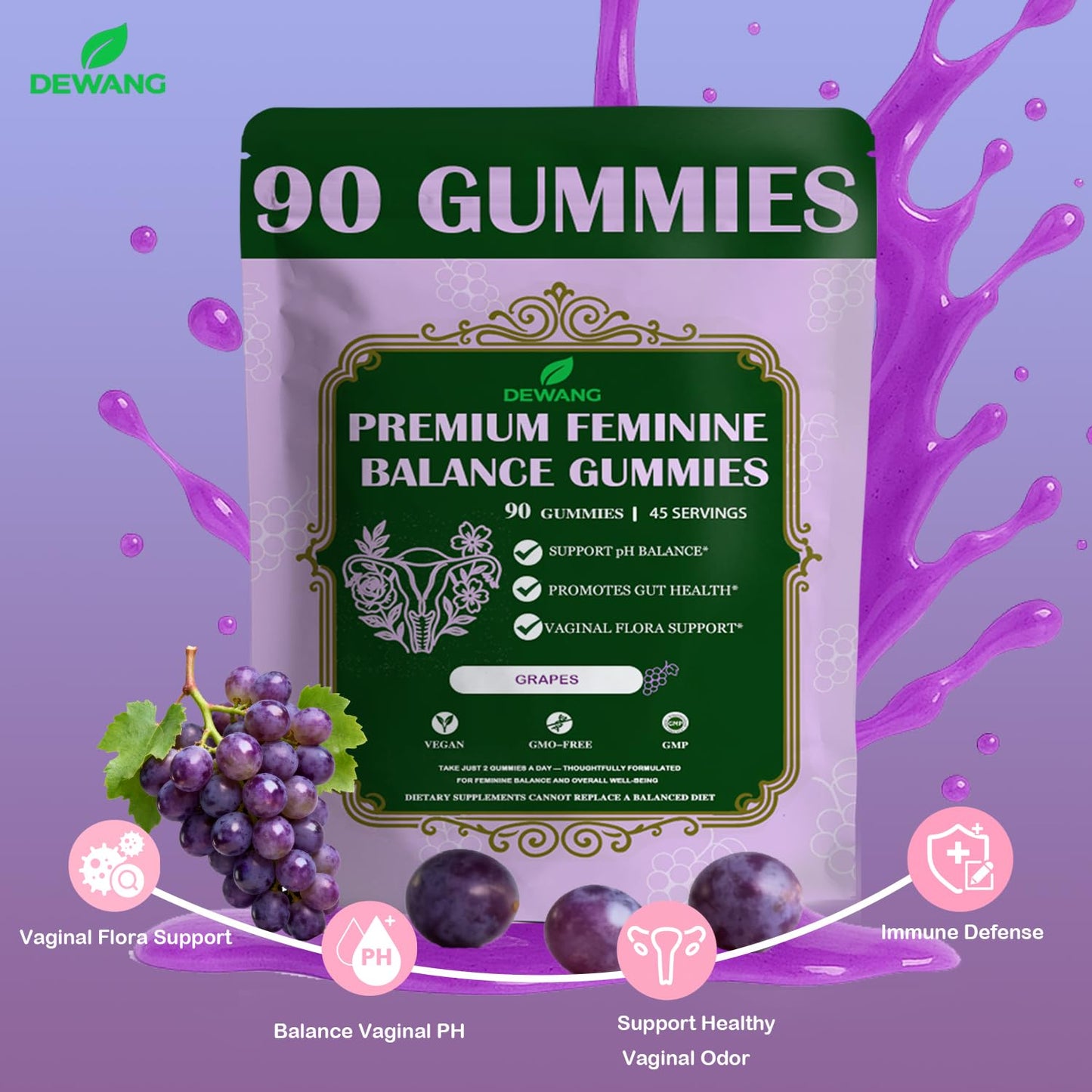 DEWANG Premium Feminine Balance Gummies for Women’s Immune Support & PH Balance, Vegan, Gluten-Free, Grapes Flavor, 90 Gummies