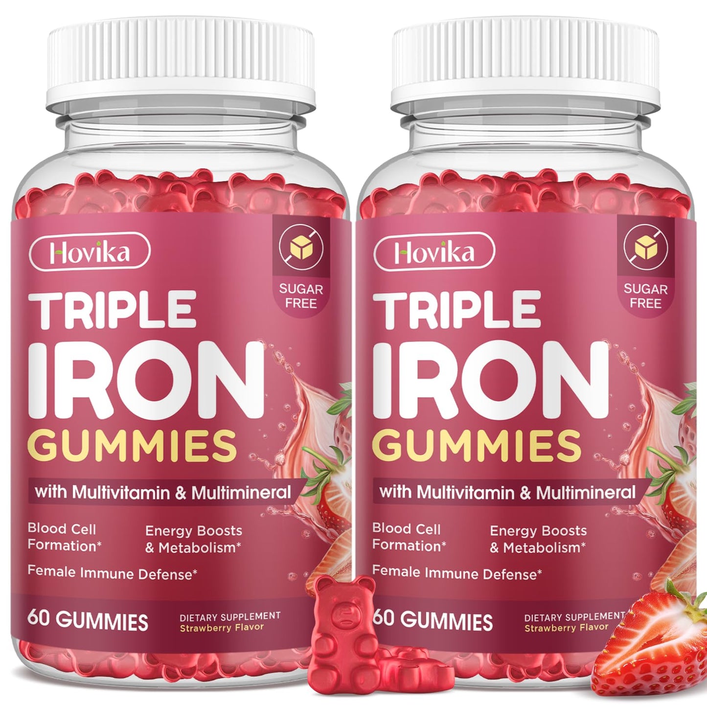 Hovika Iron Gummies for Women, Triple Iron Multivitamin Gummies with Vitamin C, A, B, Folate, Copper & Zinc – Energy & Blood Support, Immune Health, Vegan, Strawberry Flavor, 120 Gummies