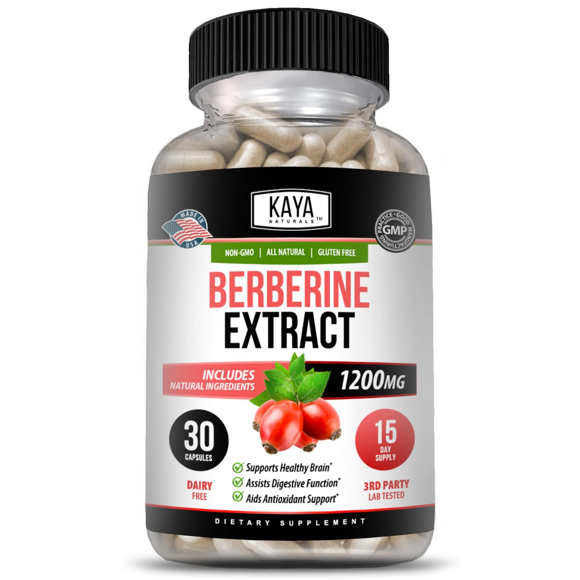 Kaya Naturals Berberine HCL Extract 1200mg Capsule, 30 Count