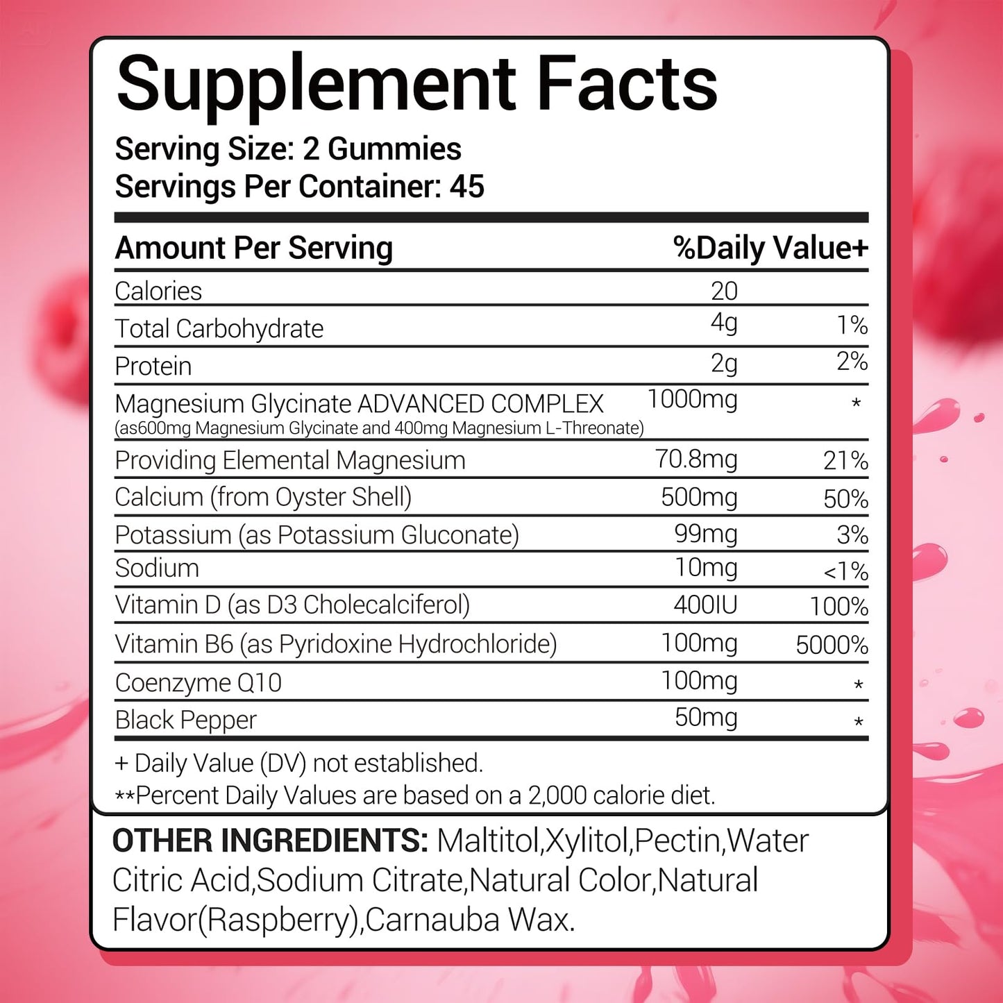 VIKAPER Magnesium Glycinate Gummies 1000mg Sugar Free, High Absorption Magnesium with Vitamin D3, B6, CoQ10 & Calcium - Vegan Raspberry, 90 Gummies