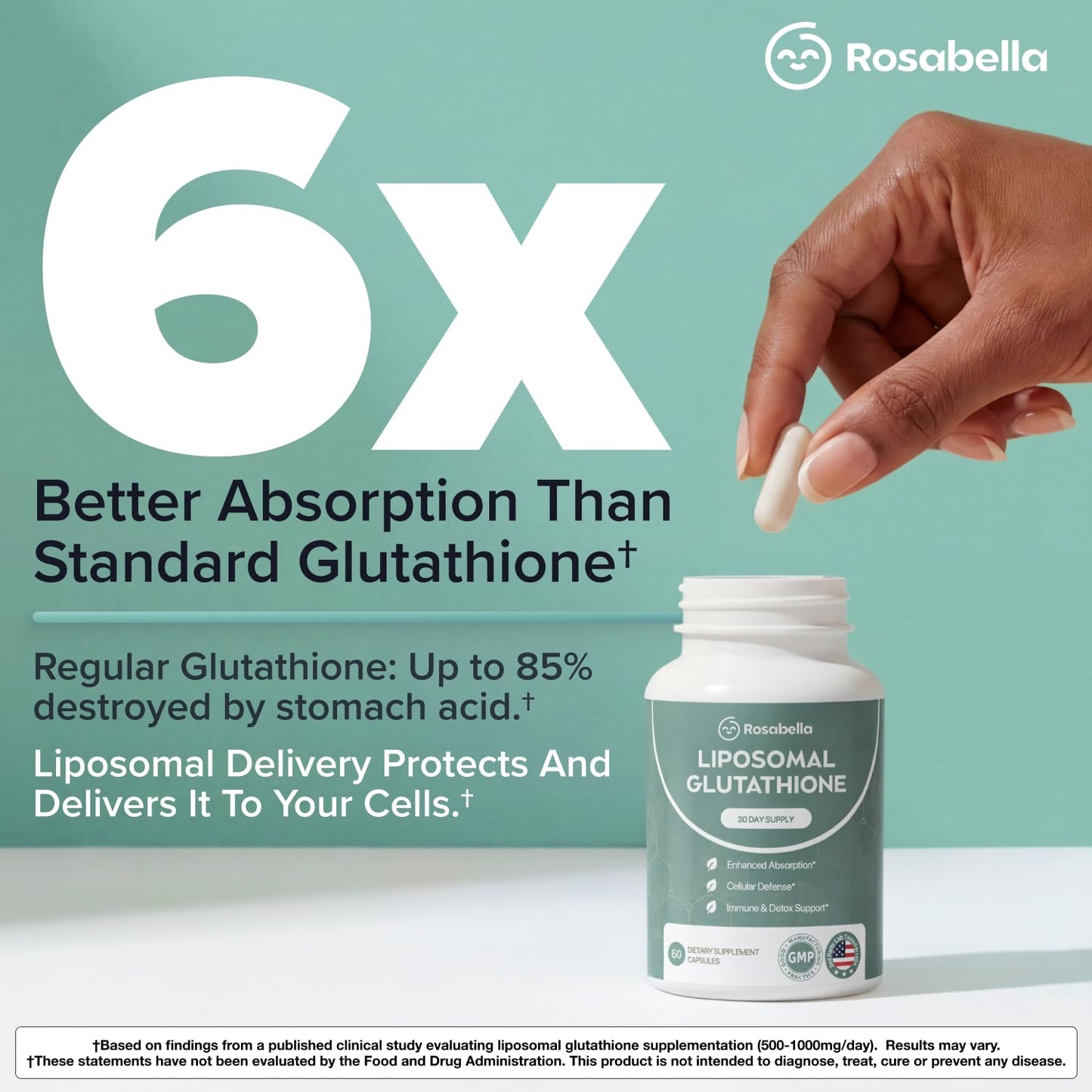 Rosabella Liposomal Glutathione 500mg – High Absorption Glutathione Supplement, Antioxidant Support, Cellular Health & Detox Support Capsules, 60 Count