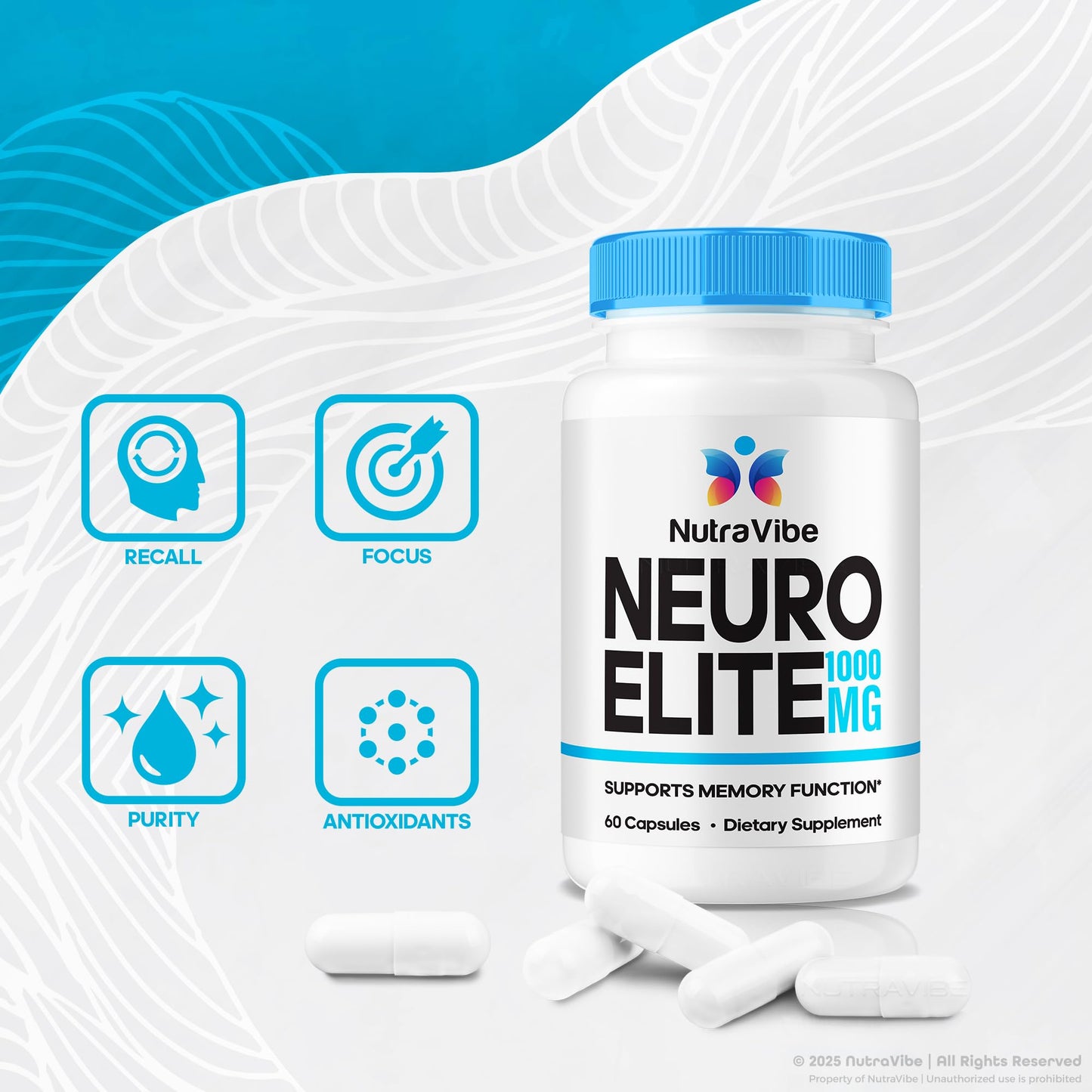 NutraVibe Neuro Elite – The Natural Memory Support Formula with a Clean, Potent Blend to Support Sharp Focus, Clarity, Attention & Clear Thinking | NeuroElite Easy-to-Swallow Smart Pills 60 Capsules