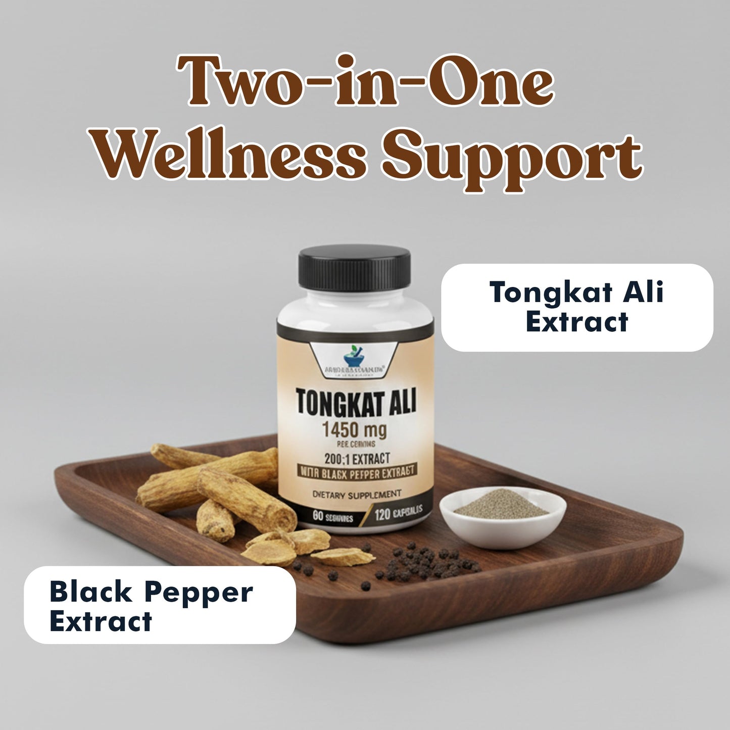 American Standard Supplements Tongkat Ali Extract 200:1 – 1450mg Per Serving with Black Pepper Fruit Extract Capsules, 120 Count