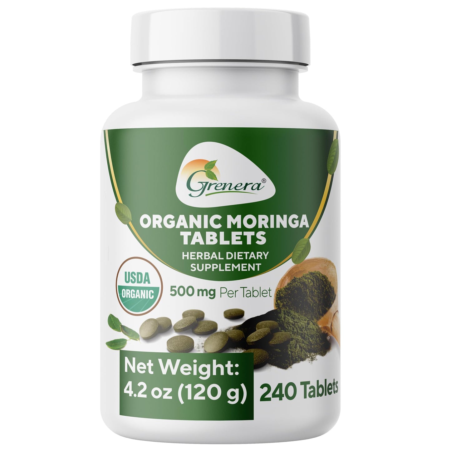 Grenera Organic Moringa Tablets, 500mg per Tablet, 240 Tablets