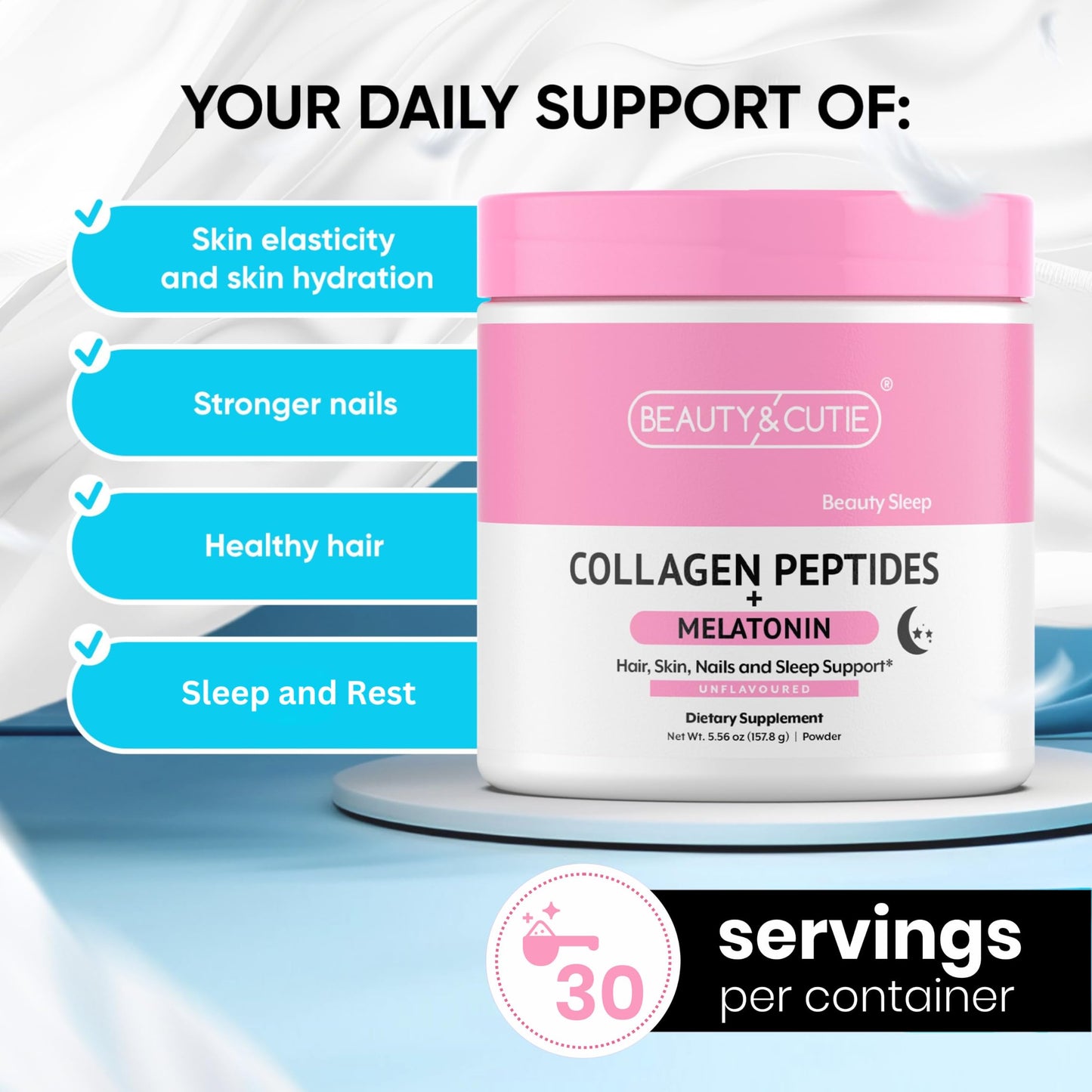 BEAUTY AND CUTIE Melatonin 5 mg with Collagen Peptides Powder, 5.56 oz