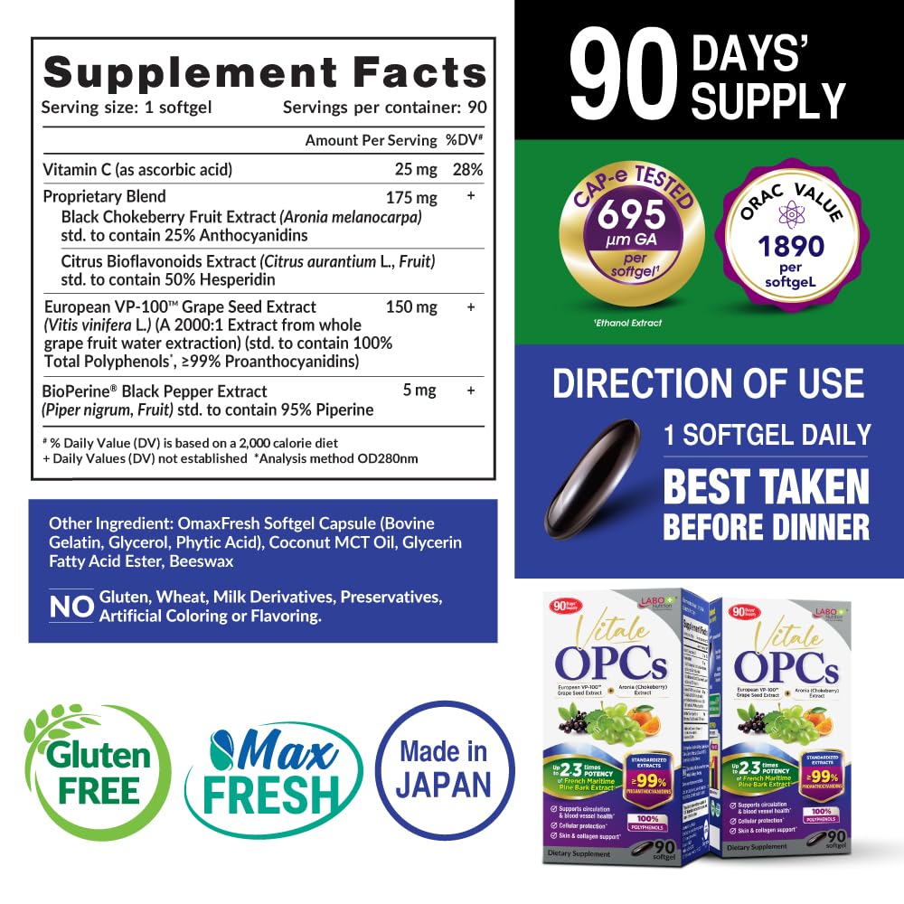 LABO Nutrition Vitale OPCs Grape Seed Extract Softgels 90 Count