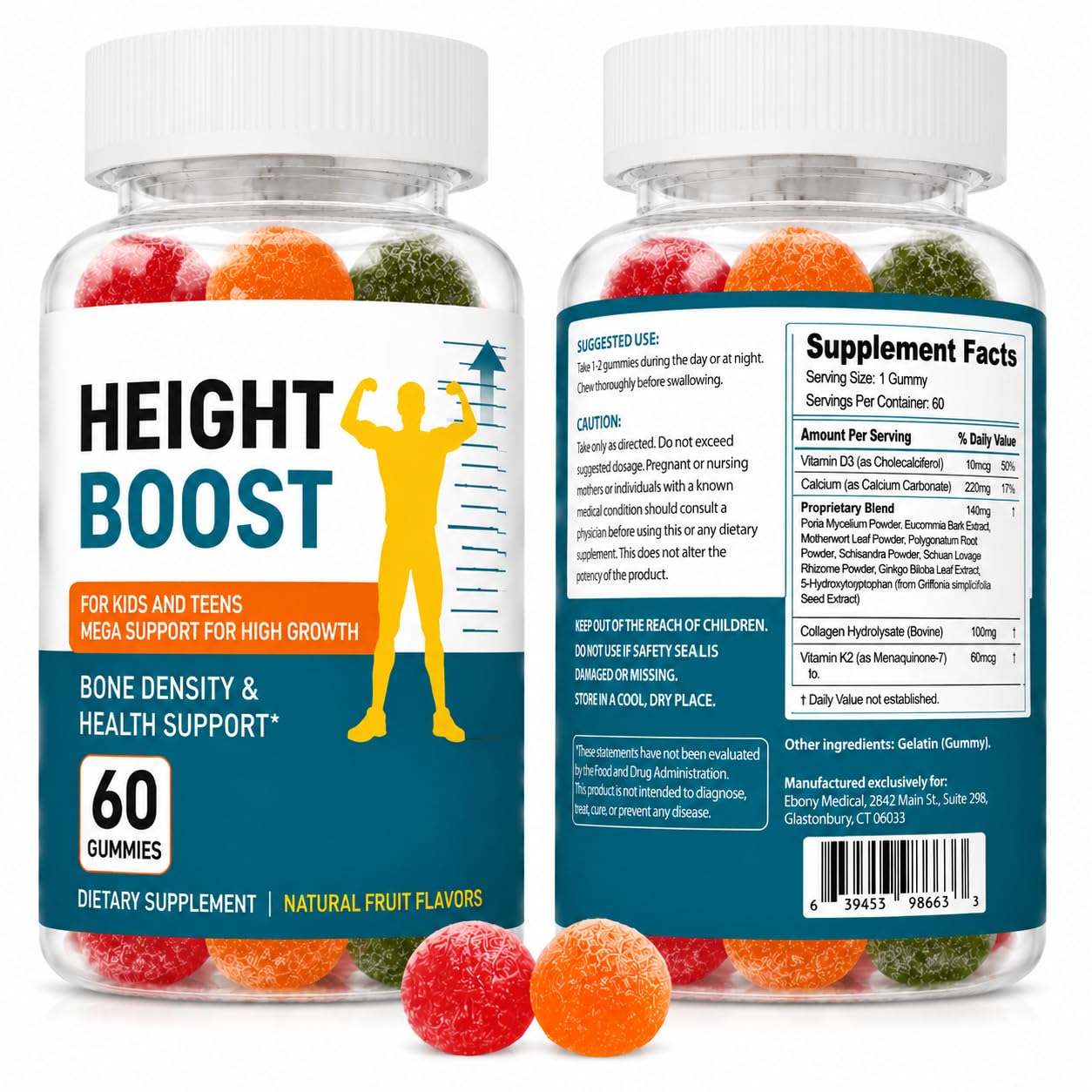 Natural Curves Height Boost Bone Growth Gummies, Calcium D3 K2 Collagen, 60 Count