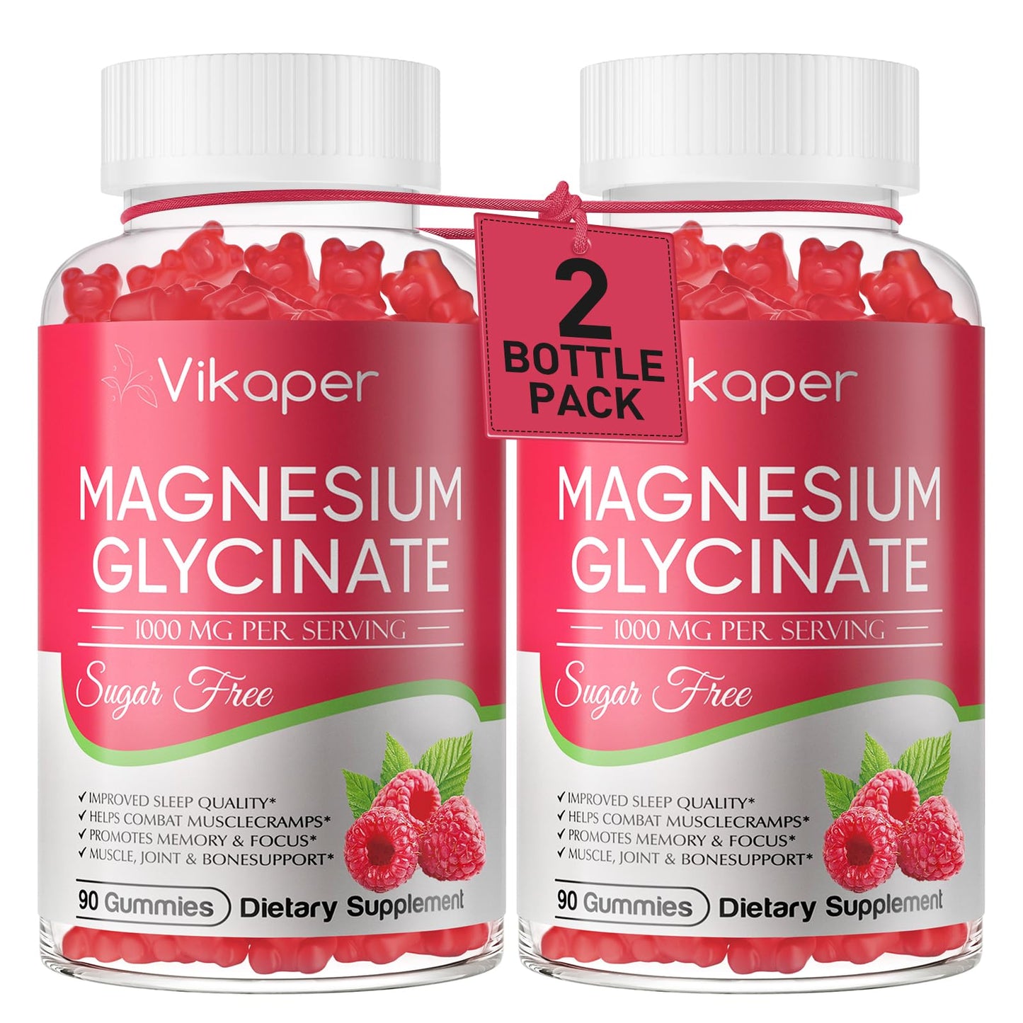VIKAPER Magnesium Glycinate Gummies 1000mg Sugar Free, High Absorption Magnesium with Vitamin D3, B6, CoQ10 & Calcium - Vegan Raspberry, 90 Gummies