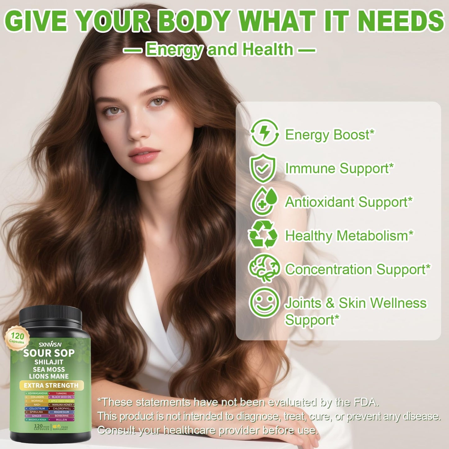 SXNWSN Soursop Supplement with Ashwagandha Sea Moss Lions Mane Turmeric Shilajit - Graviola Complex Capsules, 120 Vegan Capsules