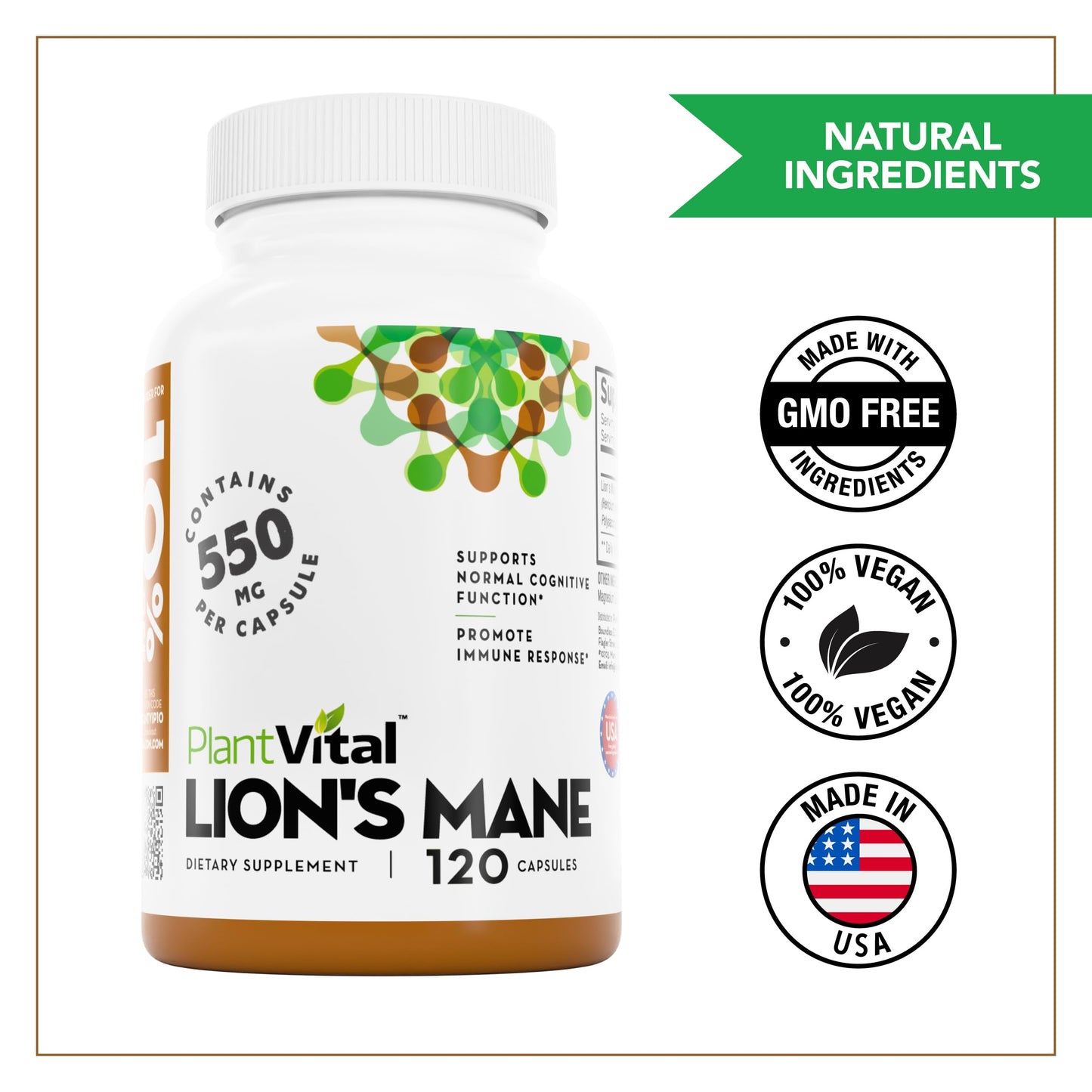 Plantvital Lion's Mane Mushroom Supplement, 120 Capsules