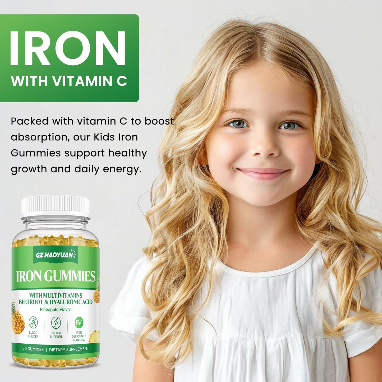 GZ HAOYUAN Iron Gummies with Multivitamin, 120 Gummies