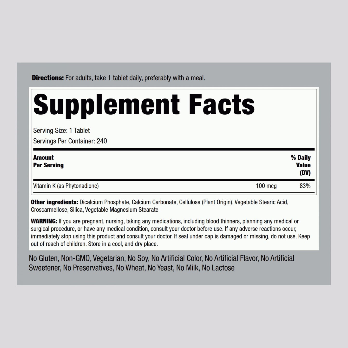 Piping Rock Vitamin K 100 mcg Tablet, 240 Tablets