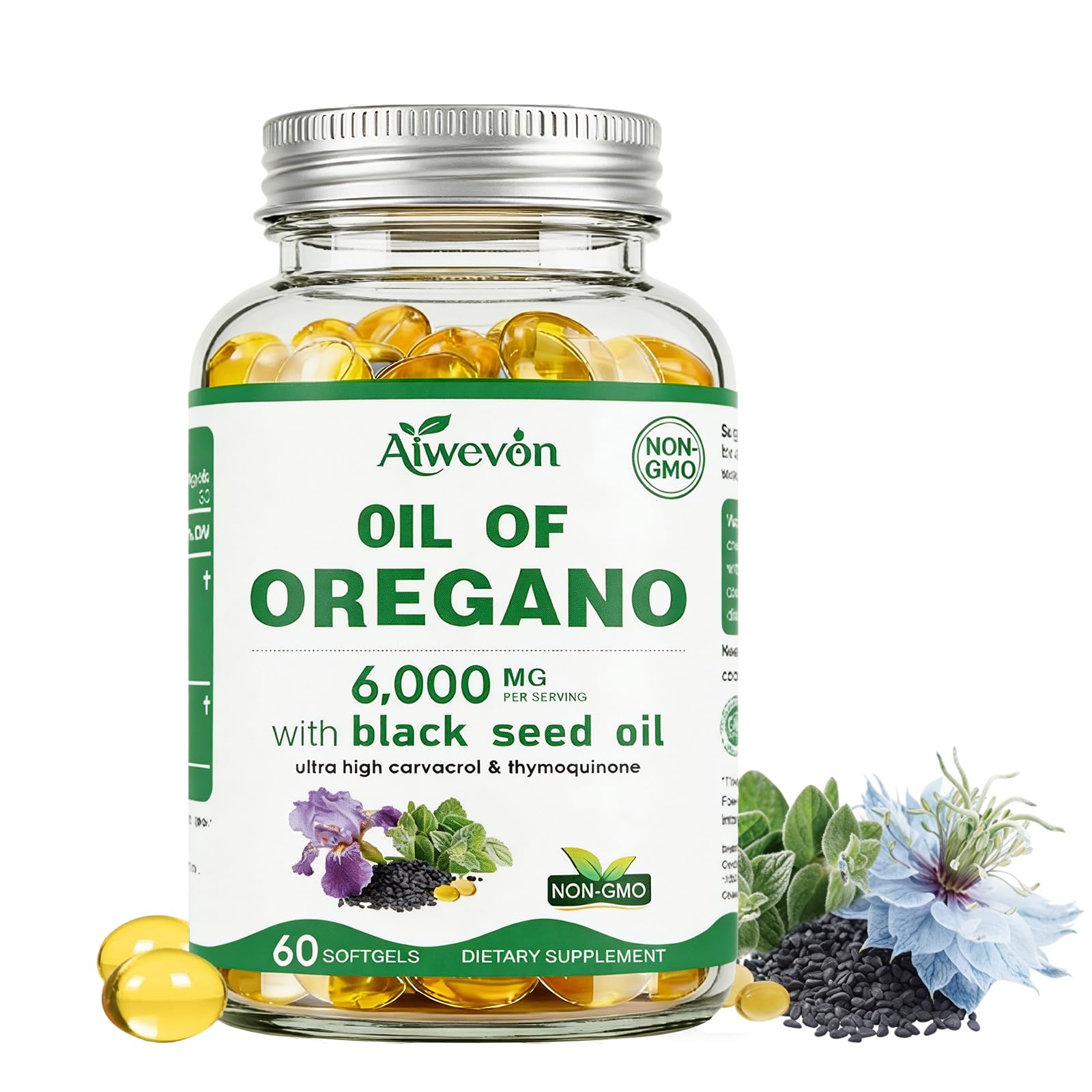 Aiwevon Oil of Oregano with Black Seed Oil, Carvacrol & Thymoquinone Softgels 60 Count