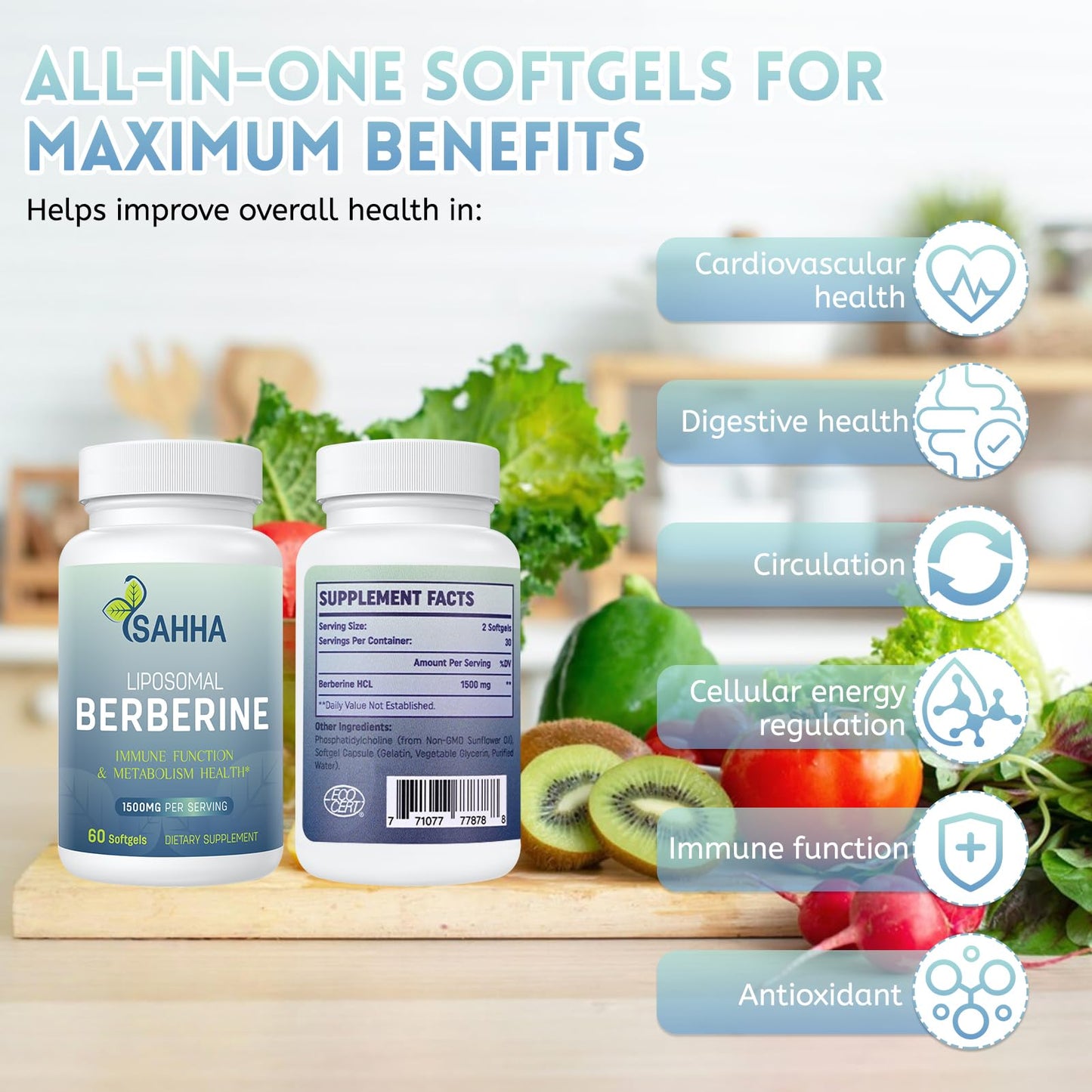 Sahha Liposomal Berberine HCL 1500mg Softgel 120 Count