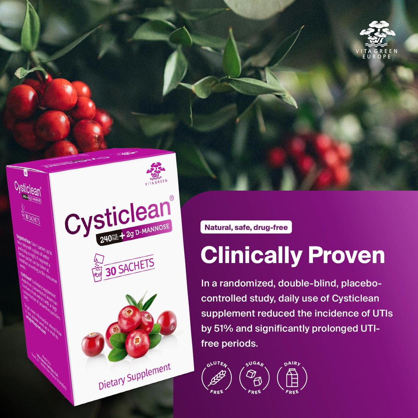 Cysticlean 240mg PAC + D-Mannose 2g Powder 3.22 oz