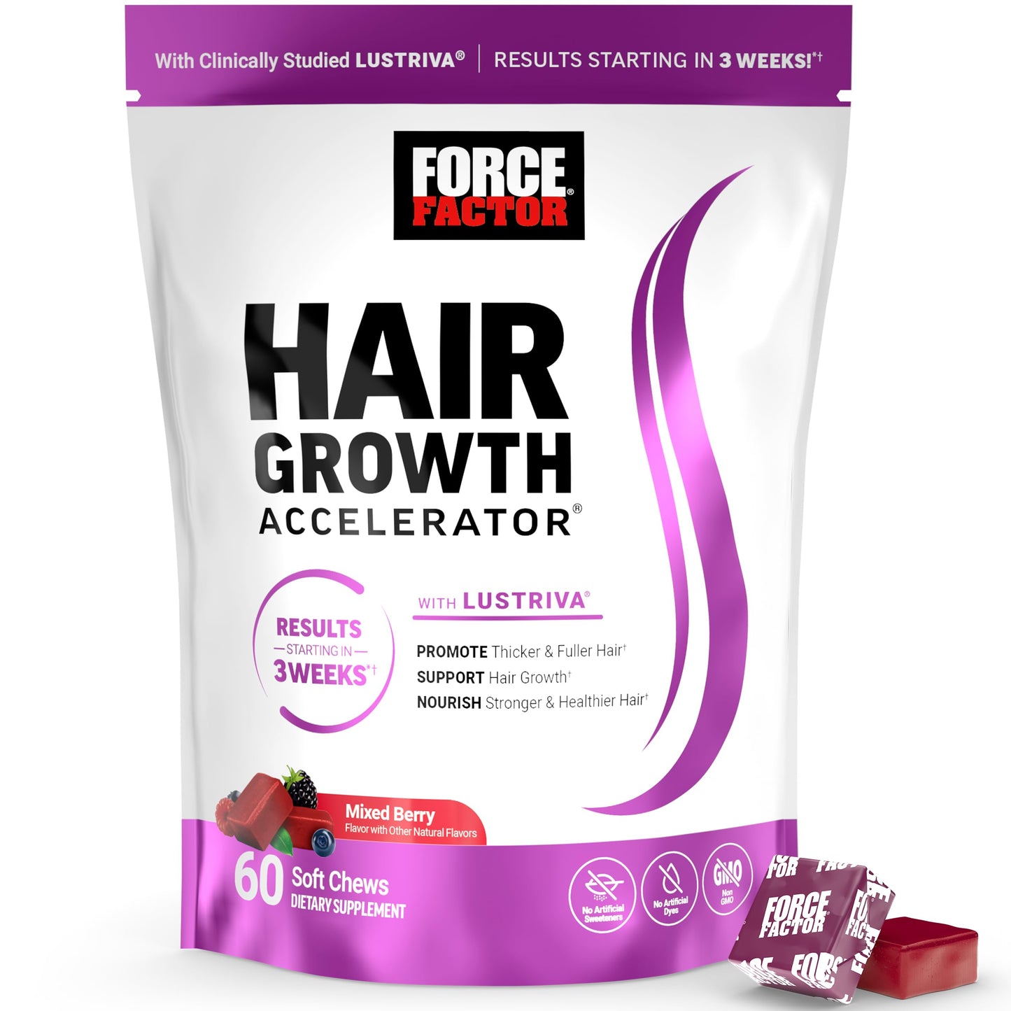 Force Factor Hair Growth Accelerator Soft Chews with Lustriva, 60 Count