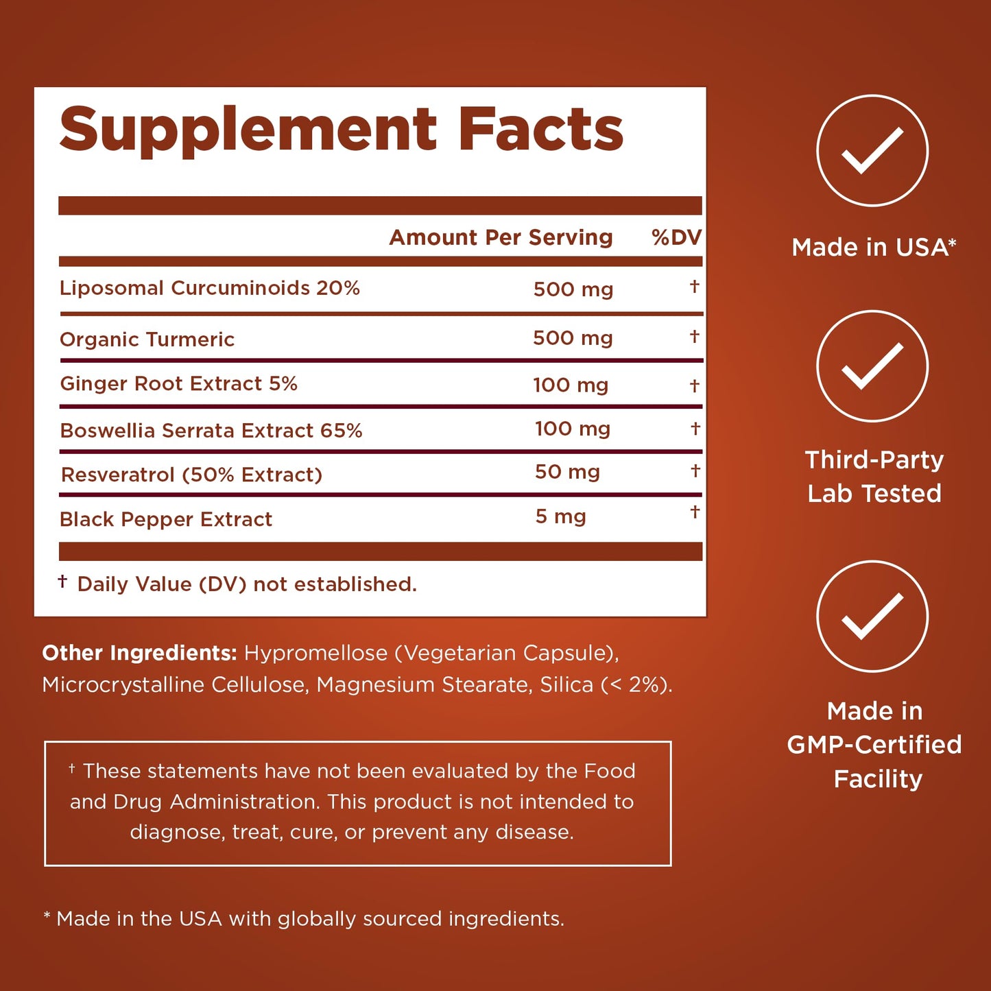 Premium Select Nutrition Liposomal Curcumin Capsules with Resveratrol, Boswellia Serrata, Turmeric and Ginger, Enhanced Absorption, 60 Count