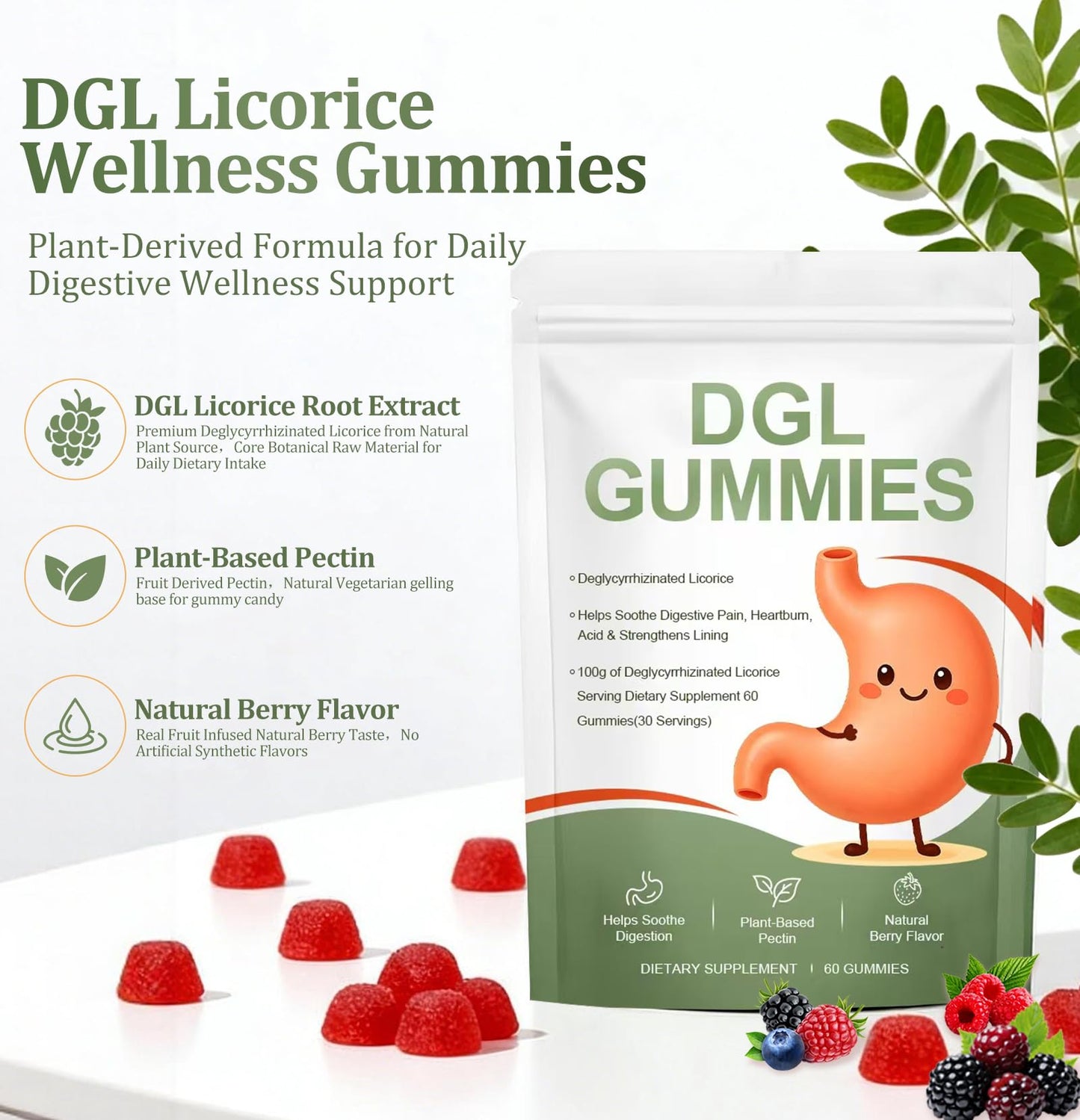 Bnaddain DGL Gummies with Licorice Root Extract & Deglycyrrhizinated Licorice, Natural Berry Flavor, Digestive Enzymes, 60 Gummies