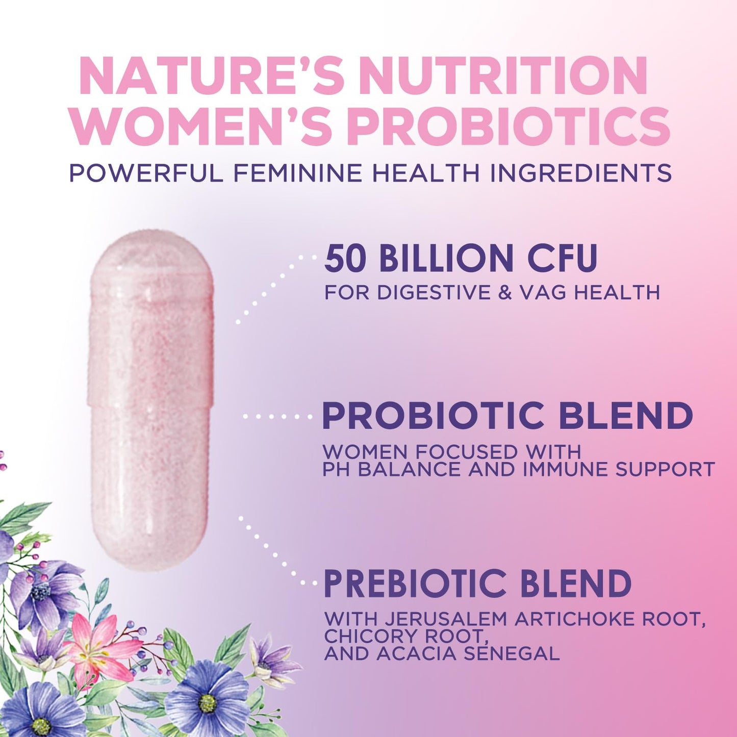 Nature's Nutrition Probiotics for Women - Probiotic Blend 50 Billion CFU, 16 Strains, 60 Capsules