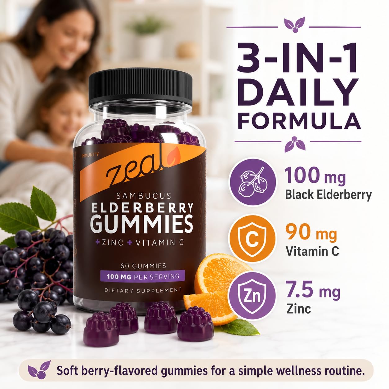Zeal Naturals Sambucus Elderberry Gummies with Zinc and Vitamin C, 60 Count
