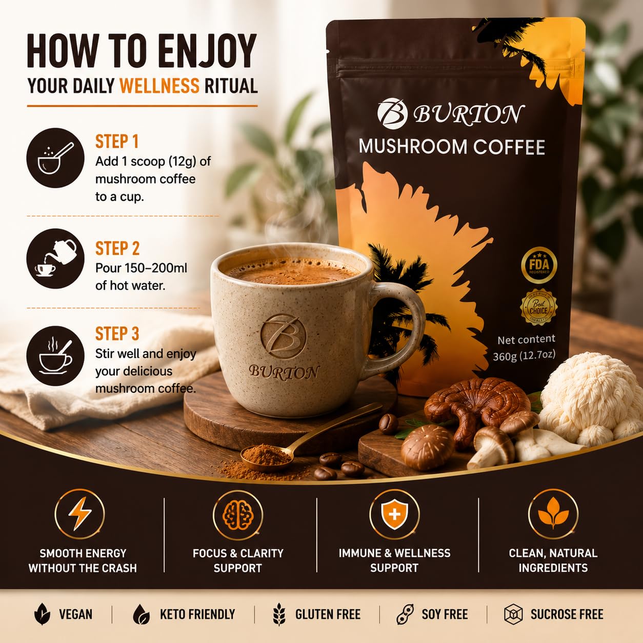 Generic BURTON Mushroom Coffee Organic Adaptogenic Mushroom Blend with Arabica Coffee, Lion’s Mane, Reishi, Shiitake & King Trumpet, 48mg Caffeine, Vegan & Keto Friendly, 30 Servings, Powder, 12.71 oz