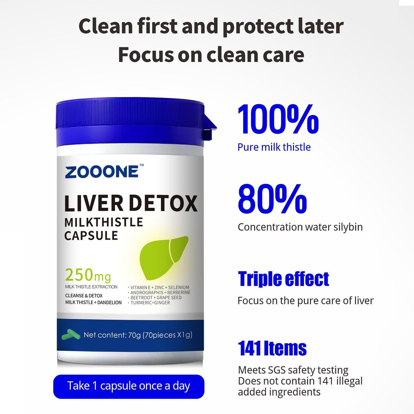 Zooone Liver Cleanse Detox & Repair with Milk Thistle, Dandelion Root, Turmeric & Ginger Capsules - 70 Count