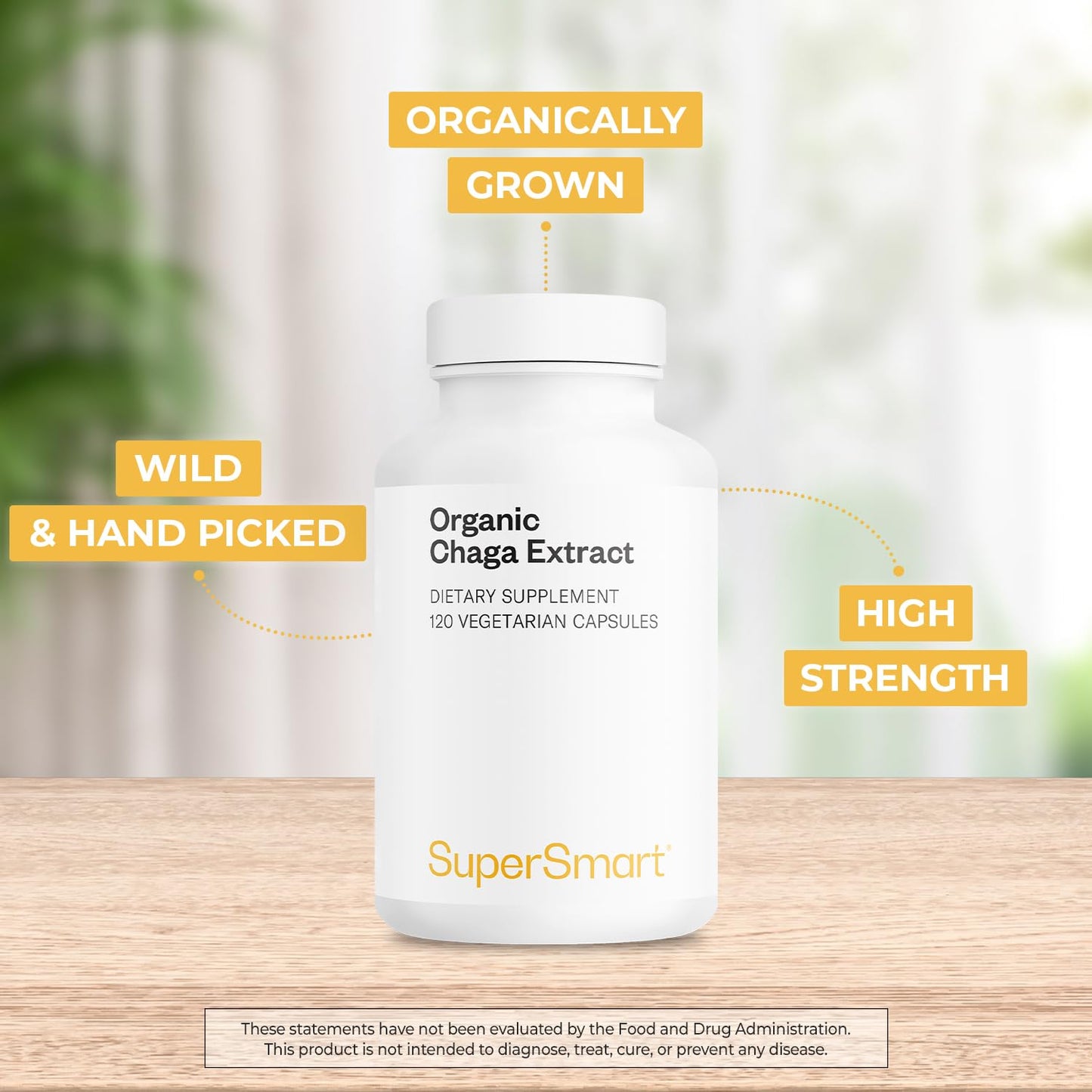 Supersmart Organic Chaga Extract 1500mg per Day (High Strength) - Wild & Hand Picked Chaga Mushrooms Supplement, 90 Capsules
