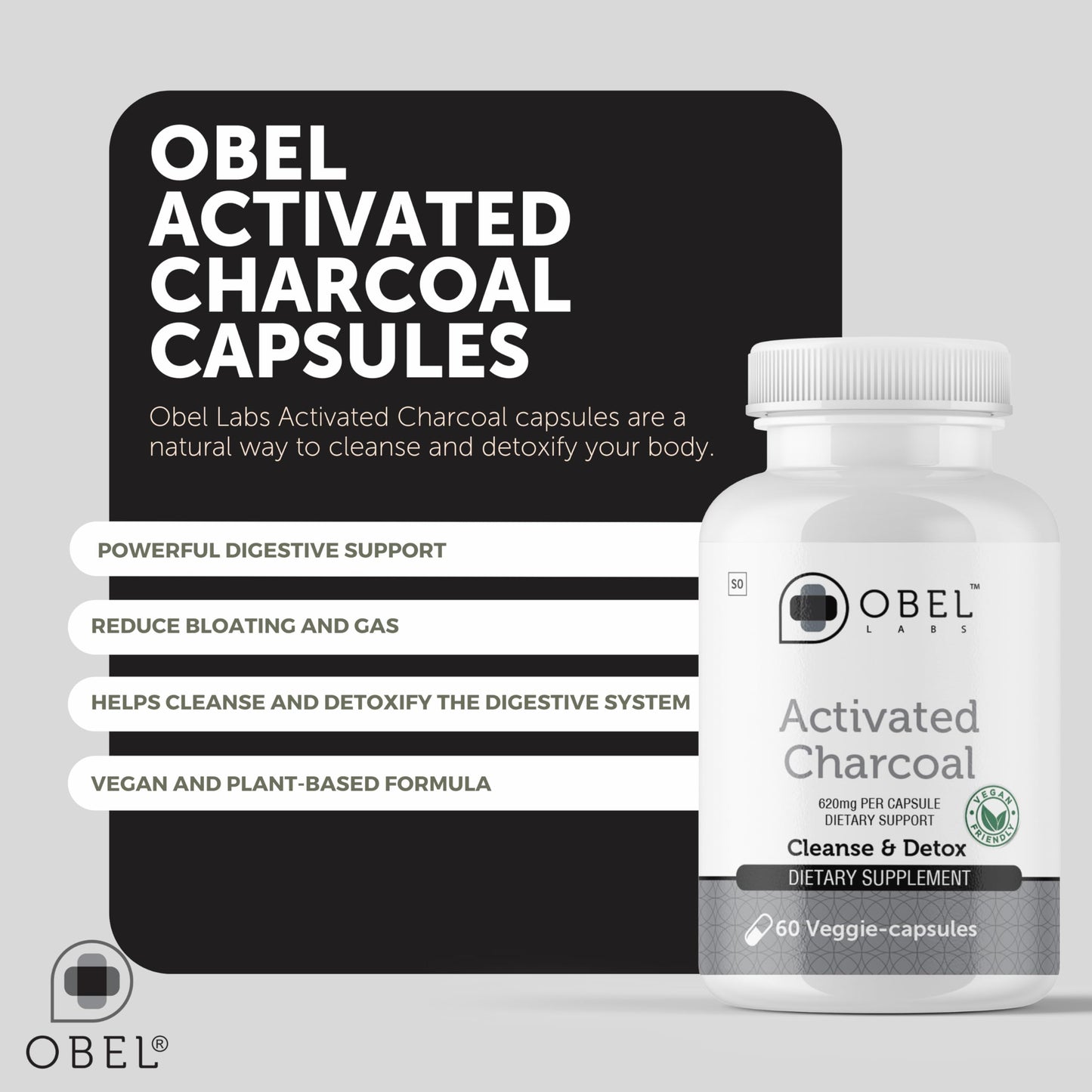 obel Coconut Derived Activated Charcoal 1240 mg, 60 Capsules