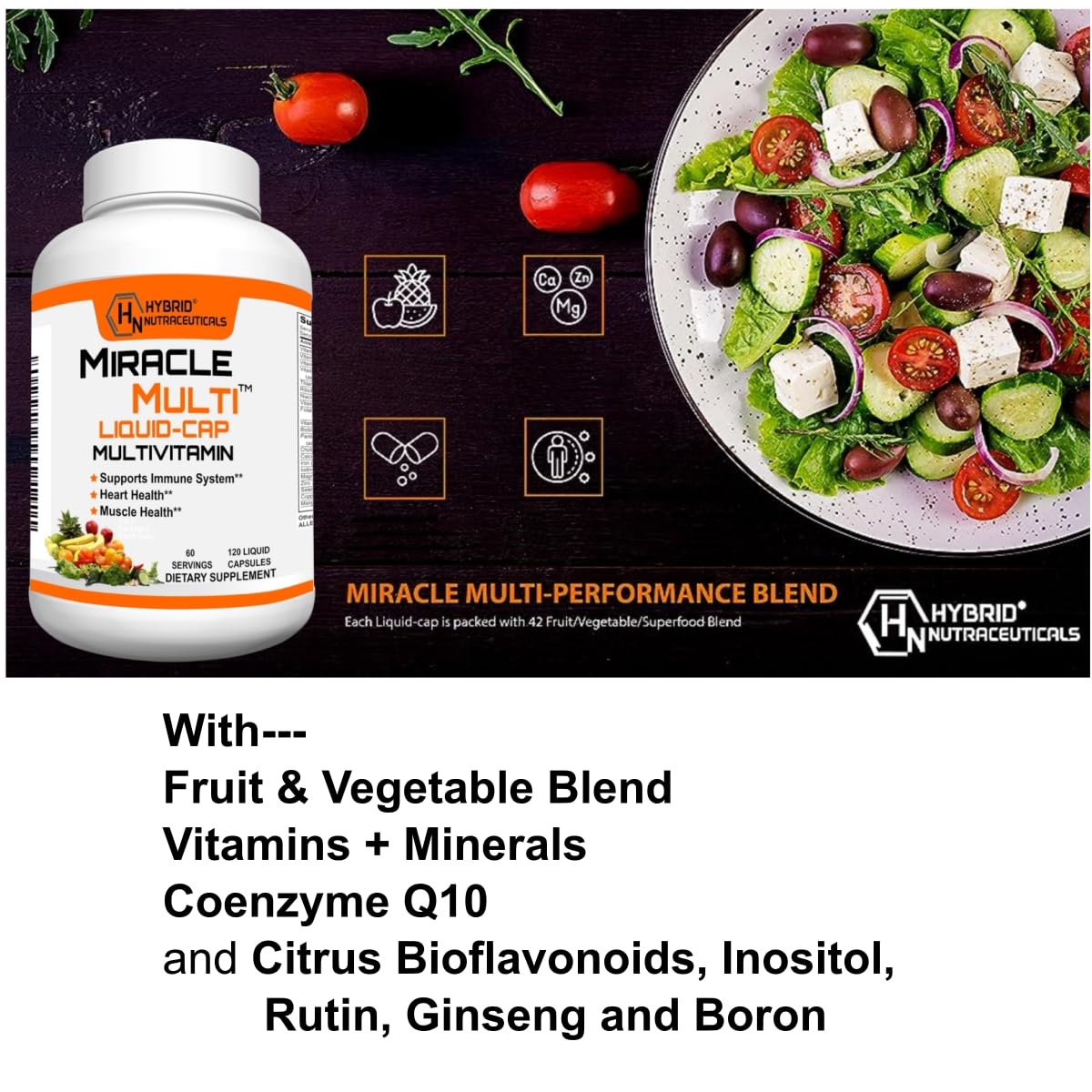 Hybrid Nutraceuticals MiracleMulti Liquid Multivitamin Capsules for Men & Women - Complete Whole Food Blend Daily Vitamin & Mineral Supplement with CoQ10, B12, 42 Superfood Enzyme, 120 Capsules