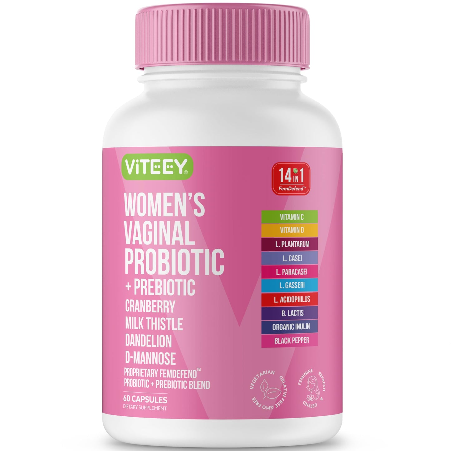 Viteey Vaginal Probiotic for Women 14-in-1 FemDefend Capsules, 60 Capsules