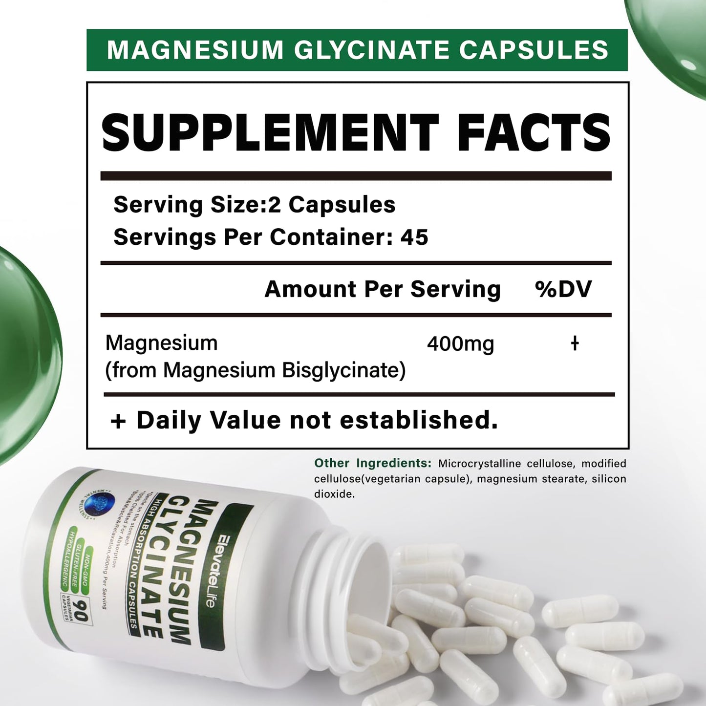 ElevateLife Magnesium Glycinate 400 mg Capsule, 90 Count