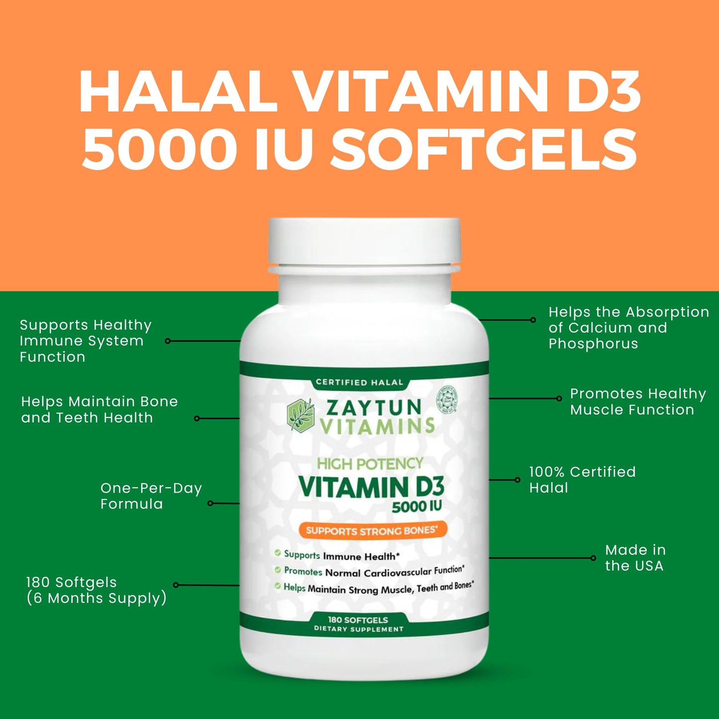 Zaytun Vitamins Vitamin D3 5000 IU Softgels 180 Count