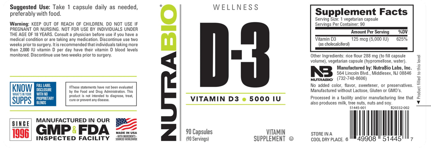 NutraBio Vitamin D 5000 IU Immune Support Capsules 90 Capsules