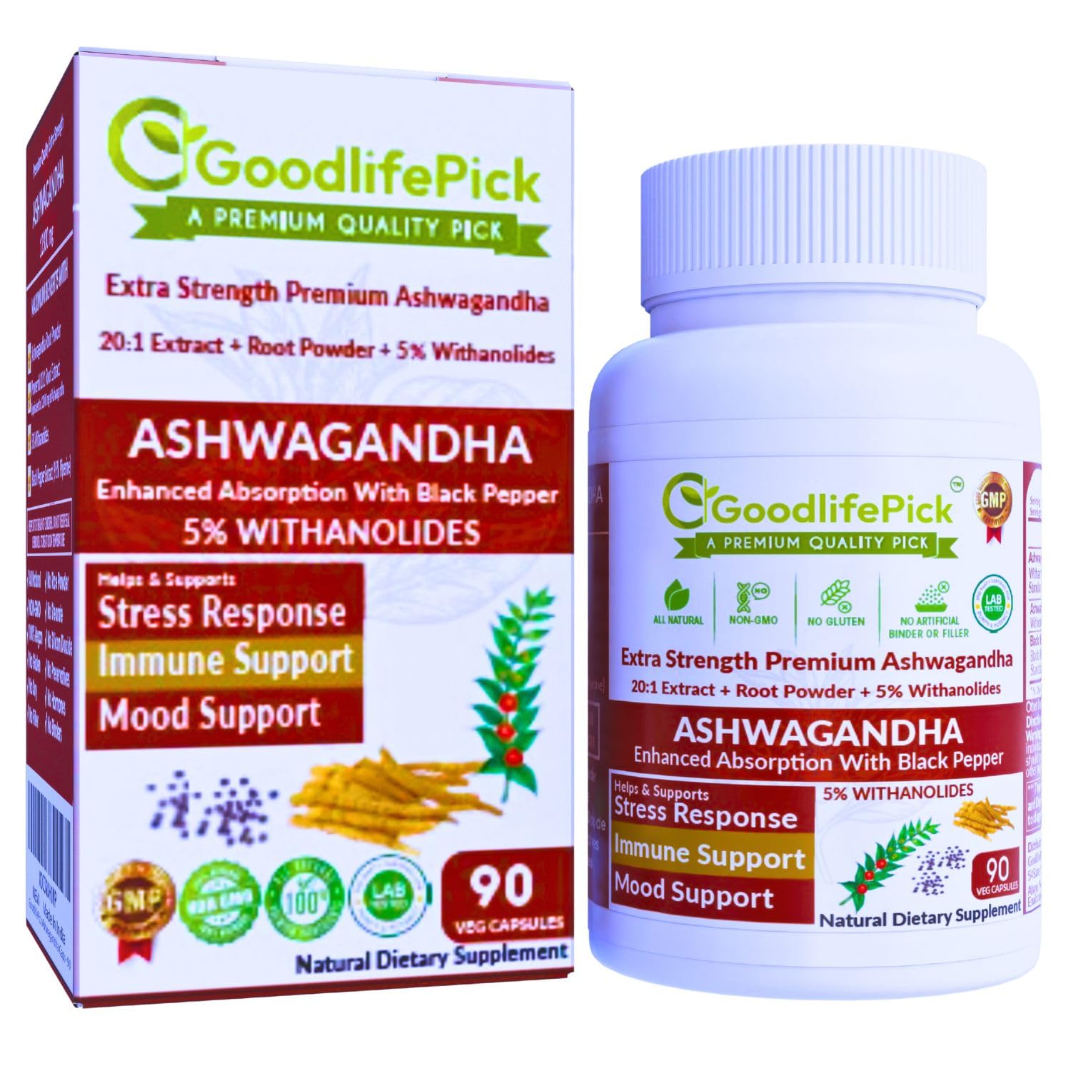 GoodlifePick Ashwagandha Capsules with Black Pepper, 90 Capsules