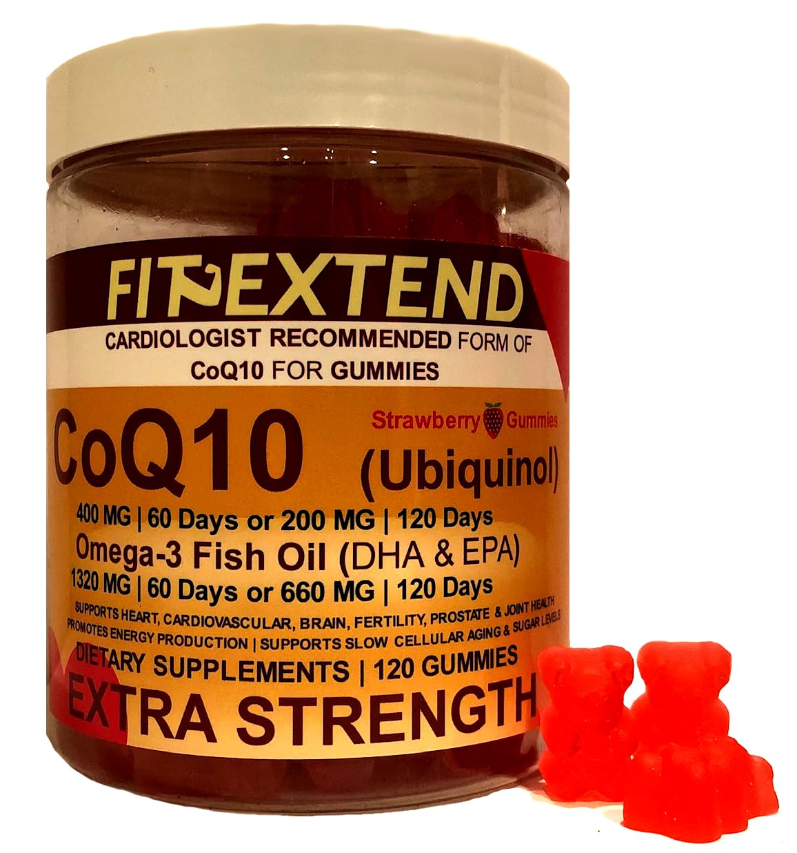 FIT EXTEND CoQ10 Gummies 400 mg with Omega-3 Fish Oil, Ubiquinol, Strawberry Sugar Free, High Absorption, 120 Count